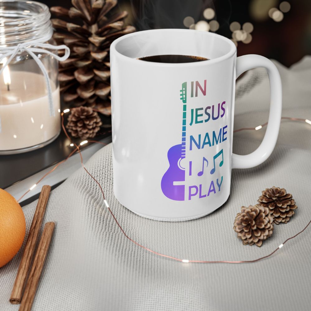 In Jesus Name I Play Acoustic Guitar - 15 oz Mug Size: Black 15oz Jesus Passion Apparel