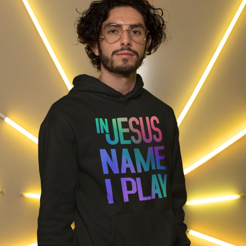 In Jesus Name I Play Acoustic Guitar Men's Heavy Blend™ Hoodie Color: White Size: S Jesus Passion Apparel