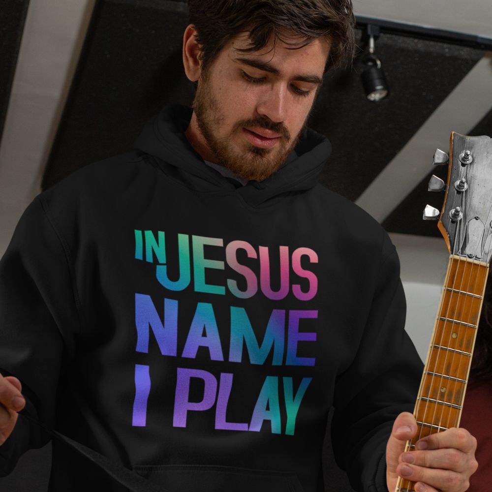 In Jesus Name I Play Acoustic Guitar Men's Heavy Blend™ Hoodie Color: White Size: S Jesus Passion Apparel