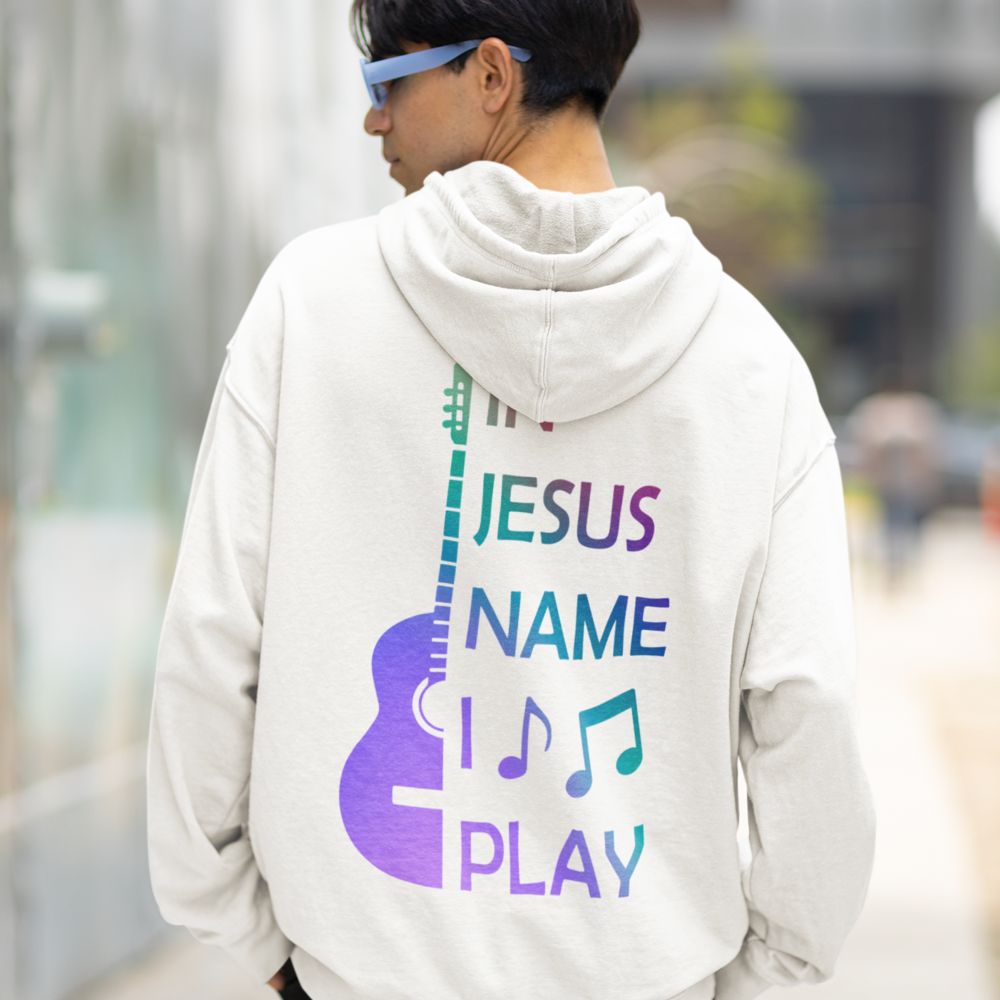 In Jesus Name I Play Acoustic Guitar Men's Heavy Blend™ Hoodie Color: White Size: S Jesus Passion Apparel