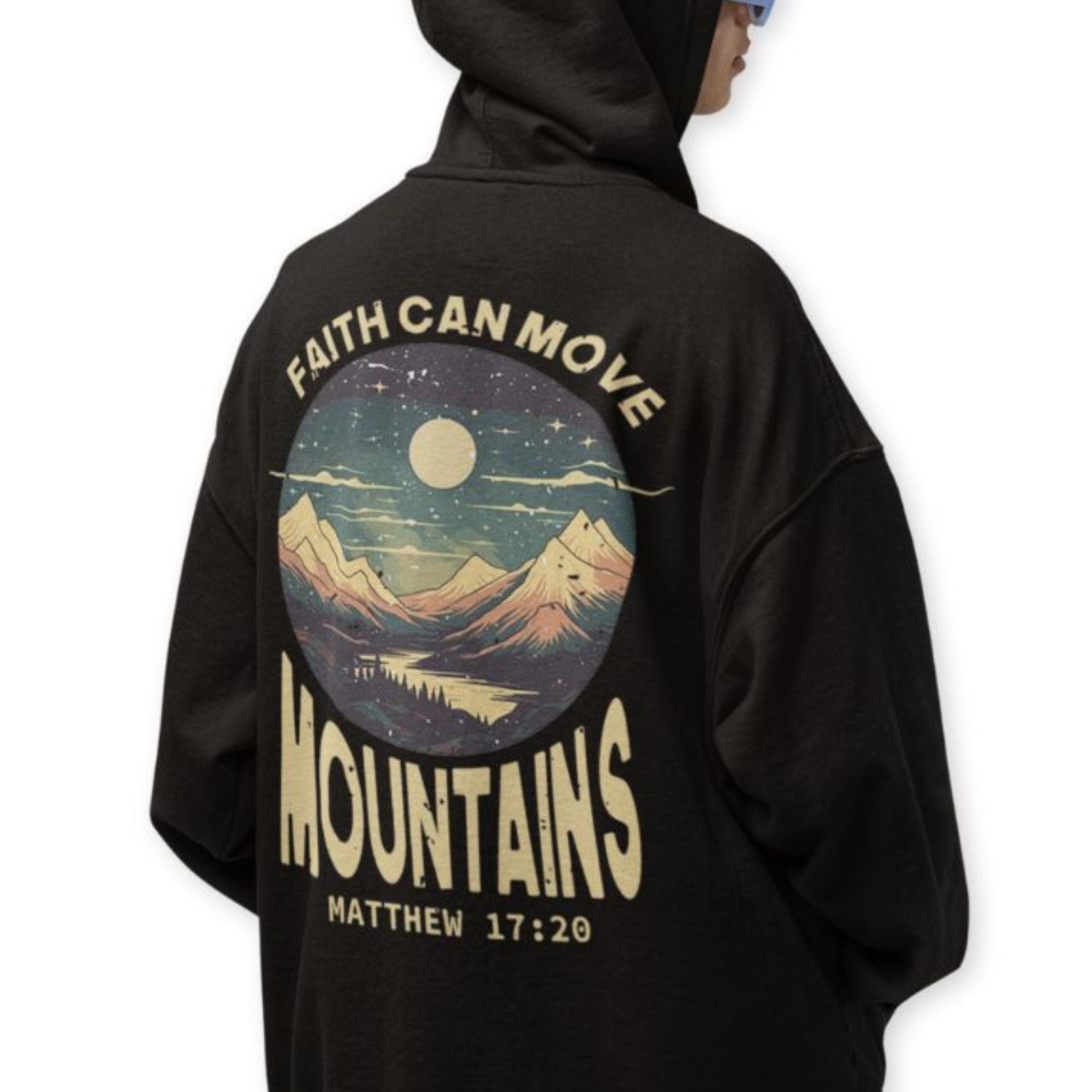 Faith Can Move Mountains Retro-Inspired Premium Unisex Hooded Jacket Heavy Blend™ Size: S Color: Black Jesus Passion Apparel