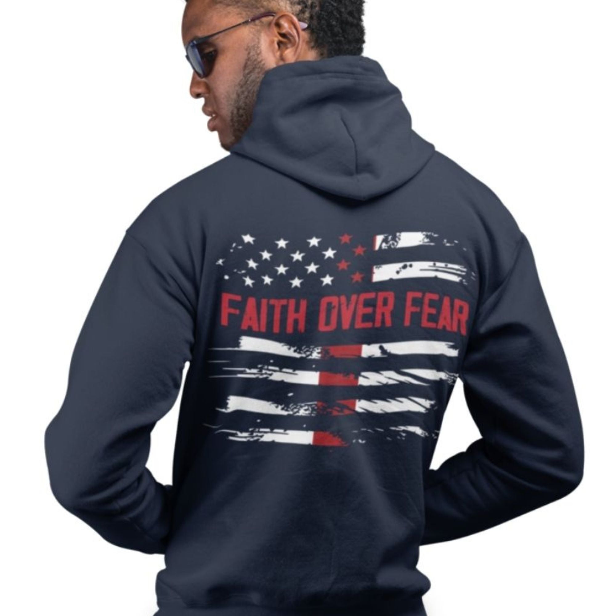 Faith Over Fear Patriotic Retro-Inspired Premium Men's Hooded Jacket Heavy Blend™ Color: Navy Size: M Jesus Passion Apparel