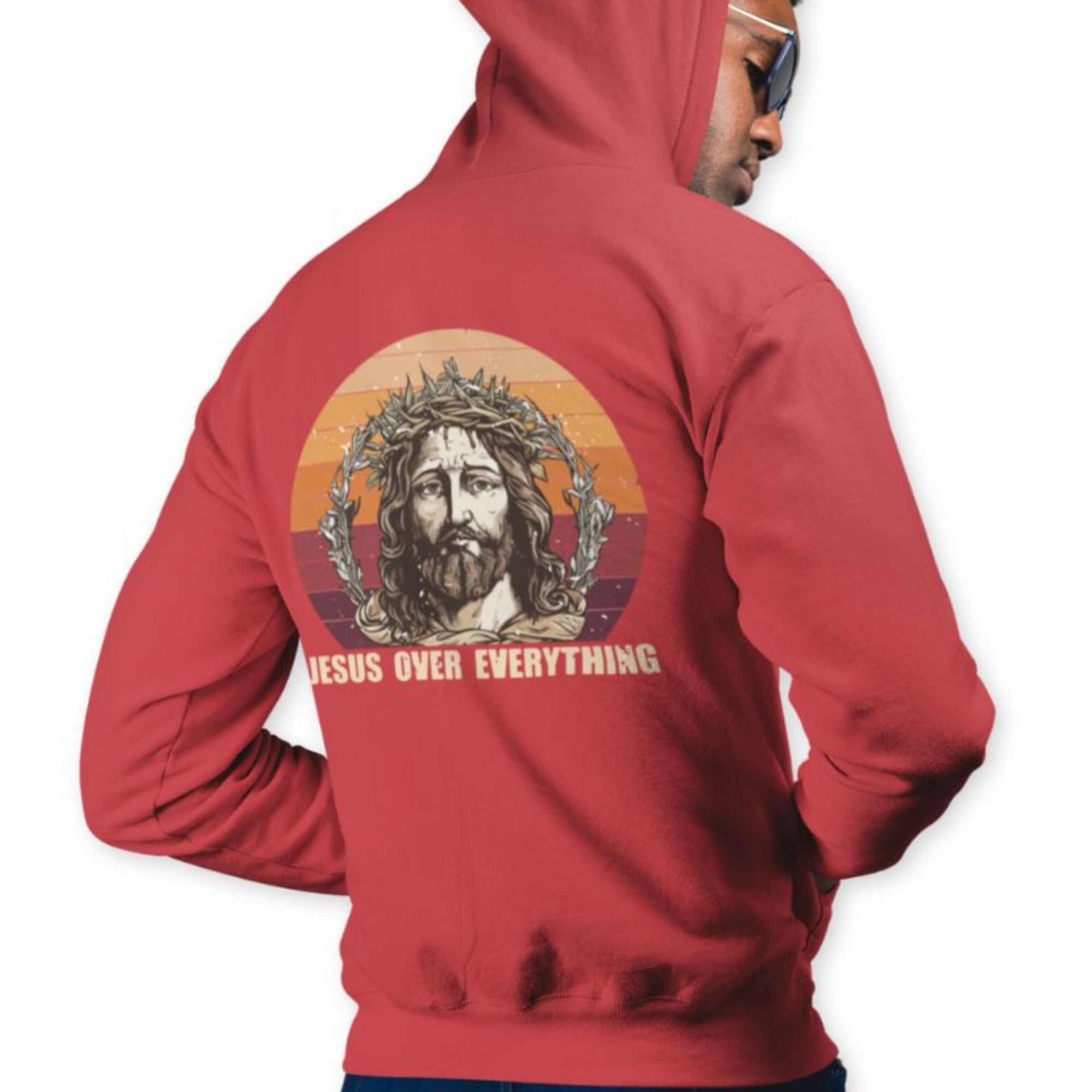 Jesus Over Everything Retro-Inspired Premium Men's Hooded Jacket Heavy Blend™ Size: S Color: Red Jesus Passion Apparel