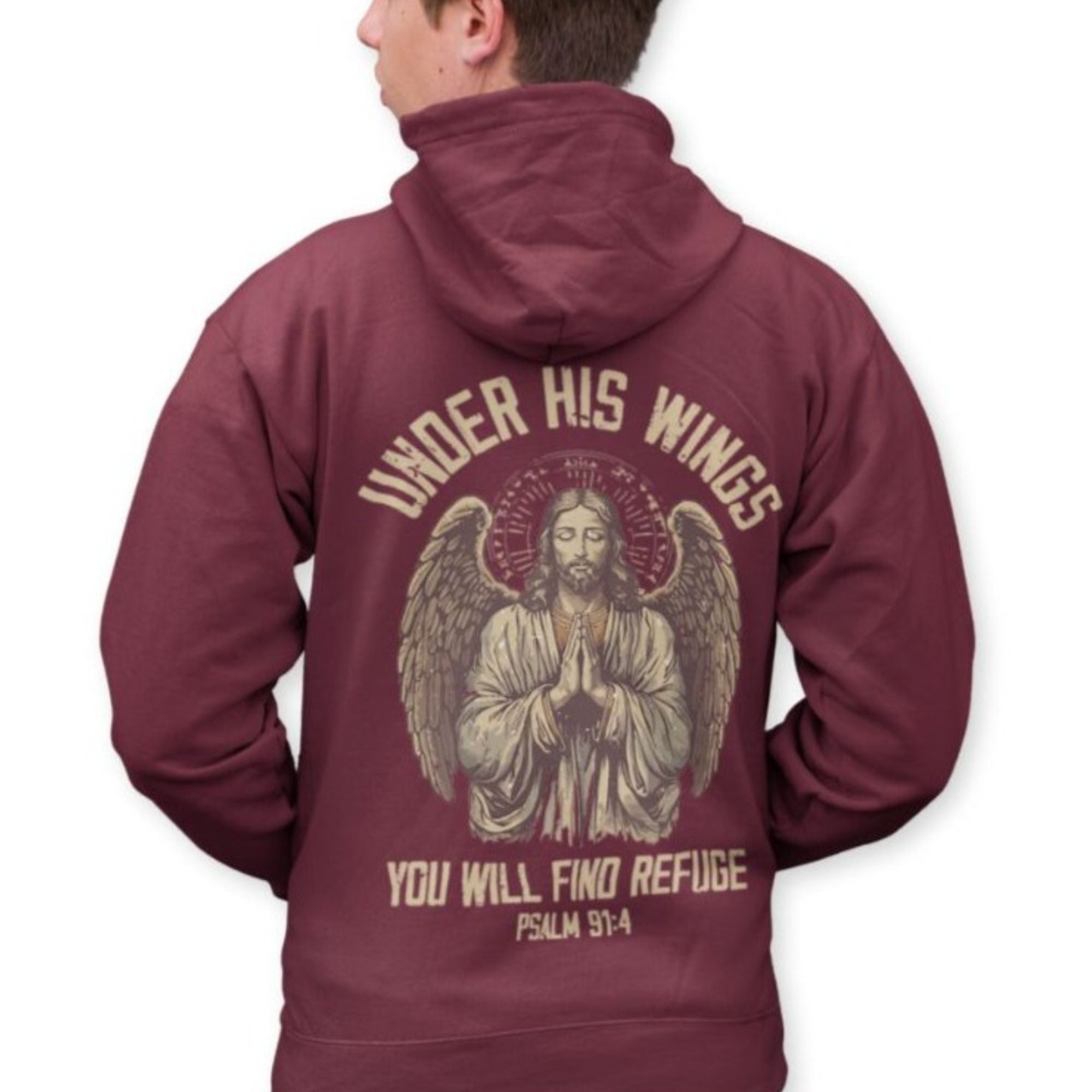 Under His Wings Retro-Inspired Premium Men's Hooded Jacket Heavy Blend™ Color: Burgundy Size: S Jesus Passion Apparel