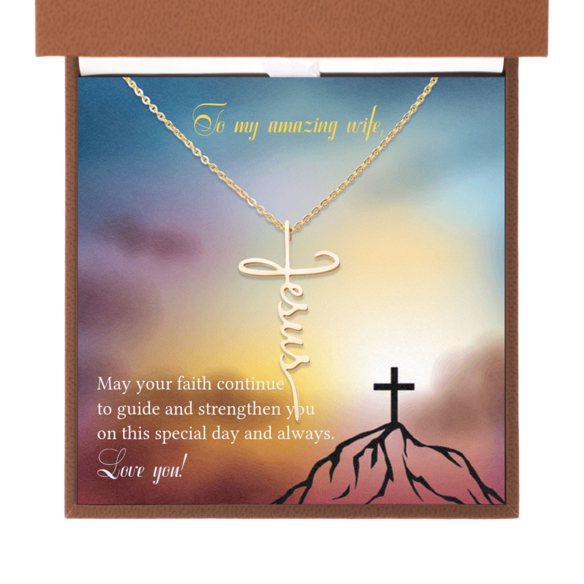My Amazing Wife - I Am the Way - Jesus Cross Necklace Box Type: Brown Leather Box Finish: 18K Gold Plated Jesus Passion Apparel