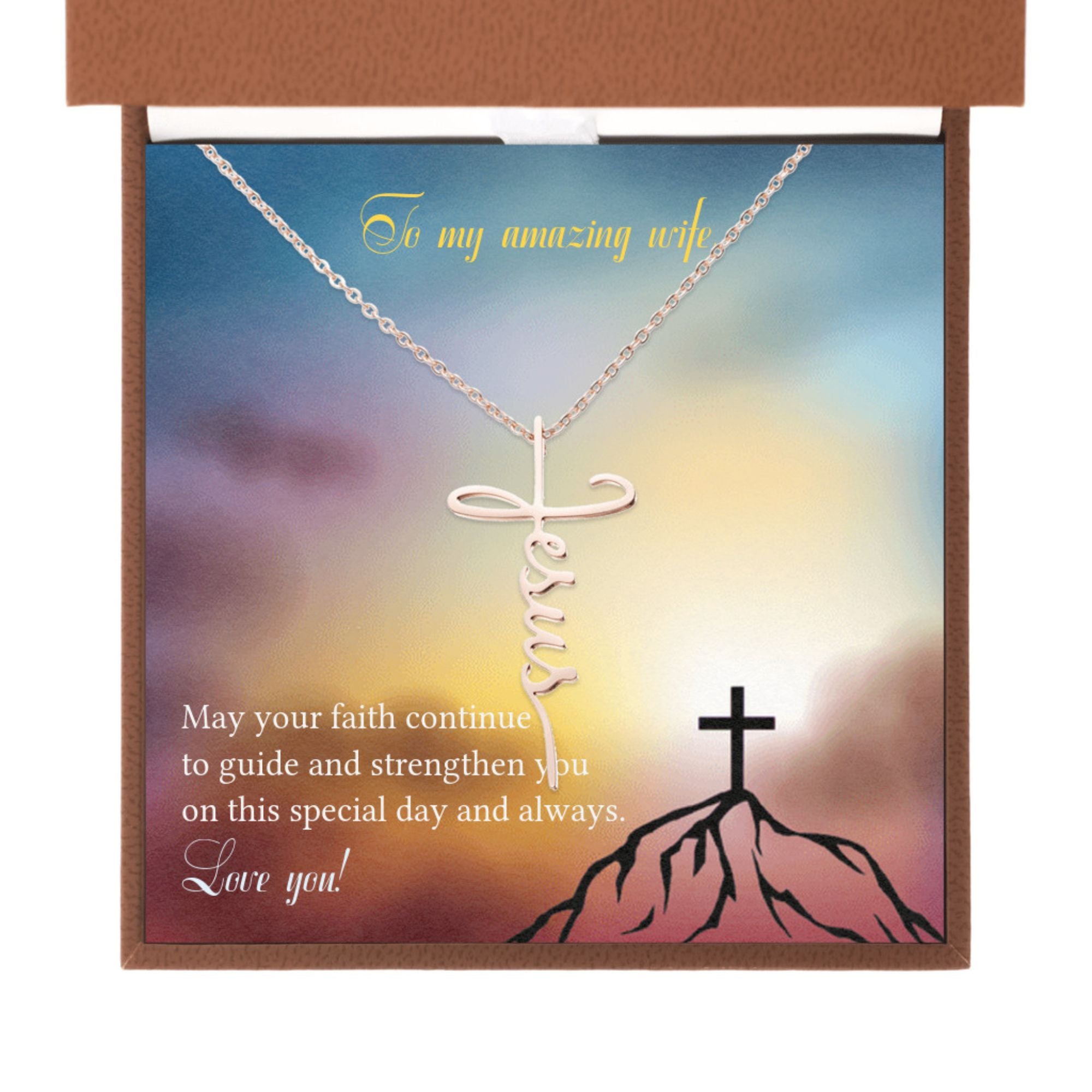 My Amazing Wife - I Am the Way - Jesus Cross Necklace Box Type: Brown Leather Box Finish: 18K Rose Gold Plated Jesus Passion Apparel