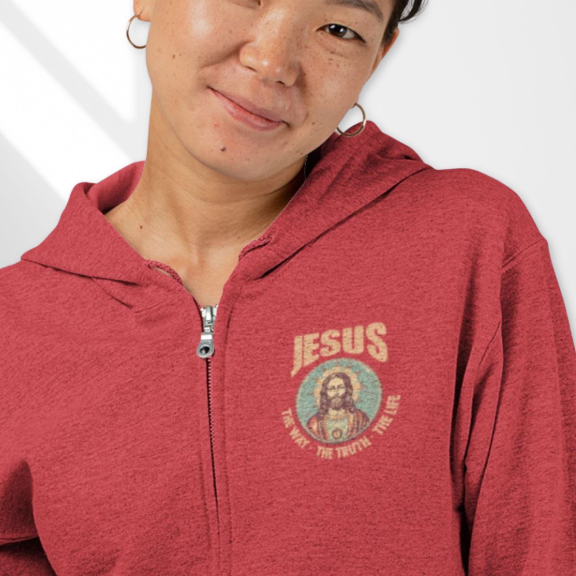 Jesus - The Way, Truth, Life Retro-Inspired Women's Jacket Heavy Blend™ Full Zip Hooded Sweatshirt Size: S Color: Red Jesus Passion Apparel