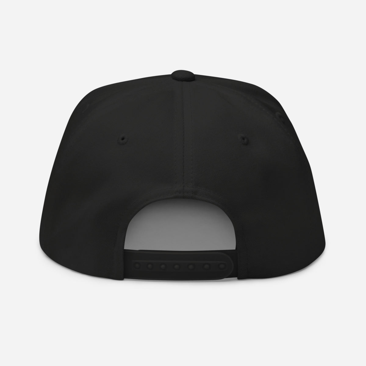 The back view of a black snapback cap on a light gray background.