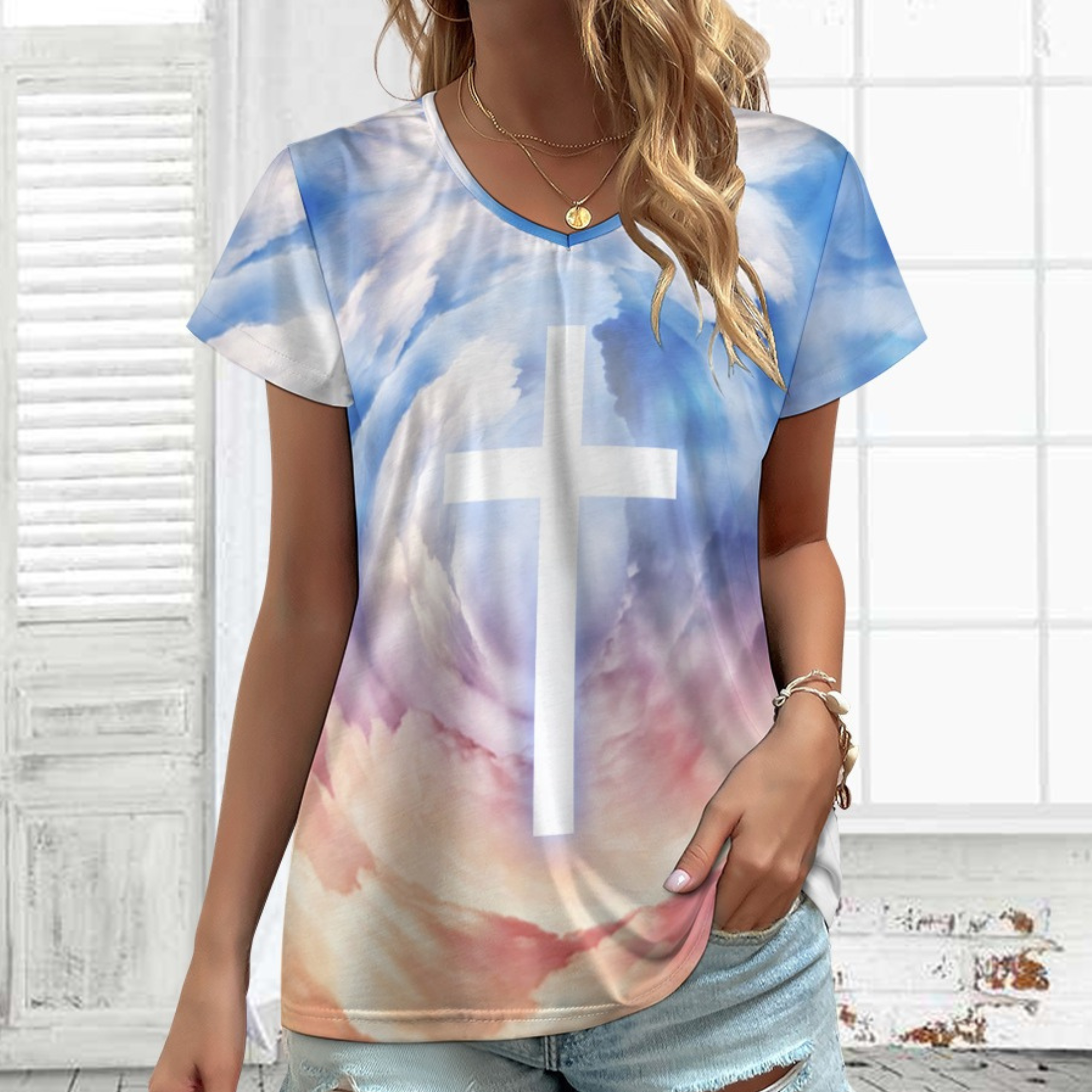 Cross in the Clouds Women's Loose Short Sleeve V-Neck Blouse - Blue Size: S Color: White Jesus Passion Apparel