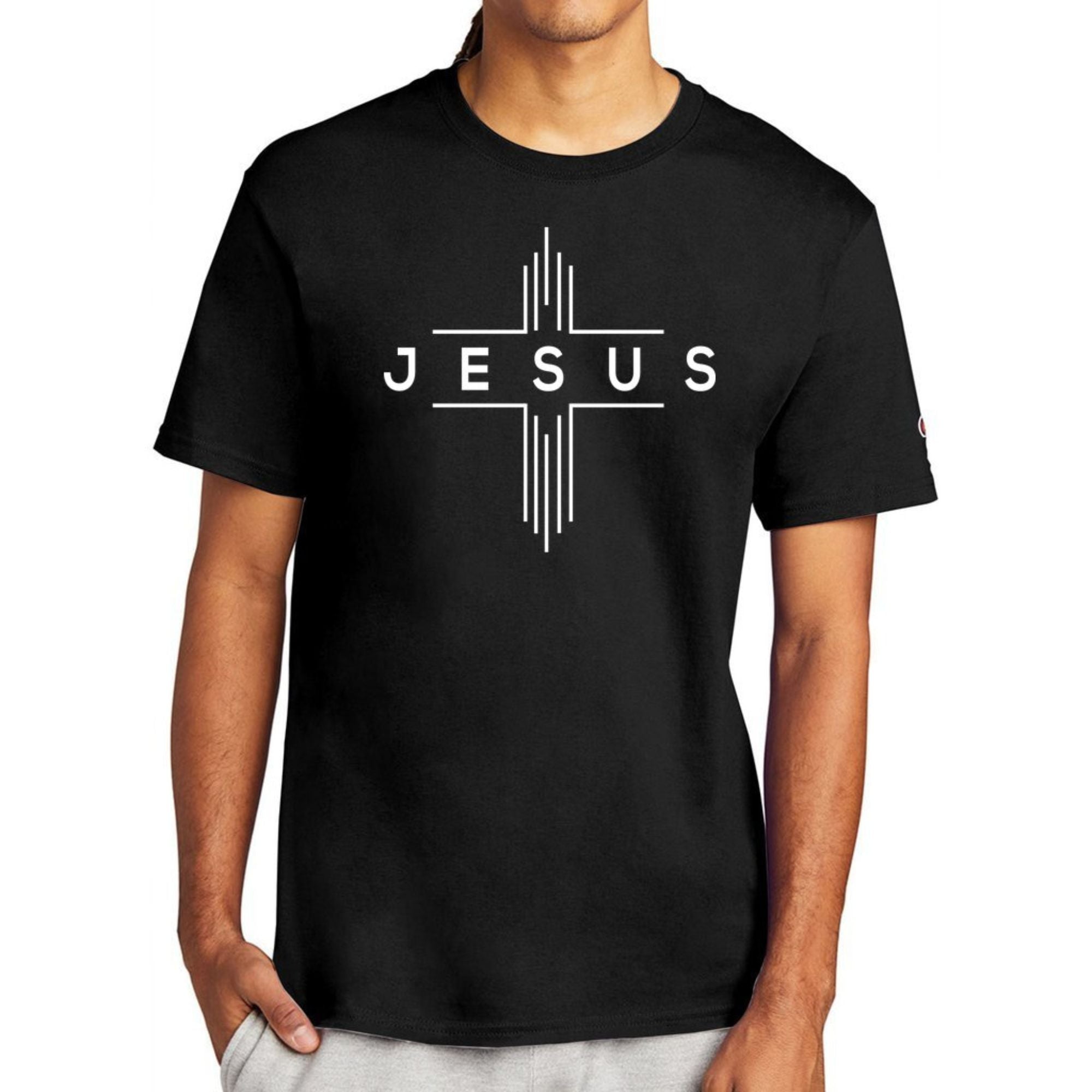 Jesus Cheveron Cross Men's Unisex Champion T-shirt - Black / Red - Matching Joggers Available Size: S Color: Black Jesus Passion Apparel