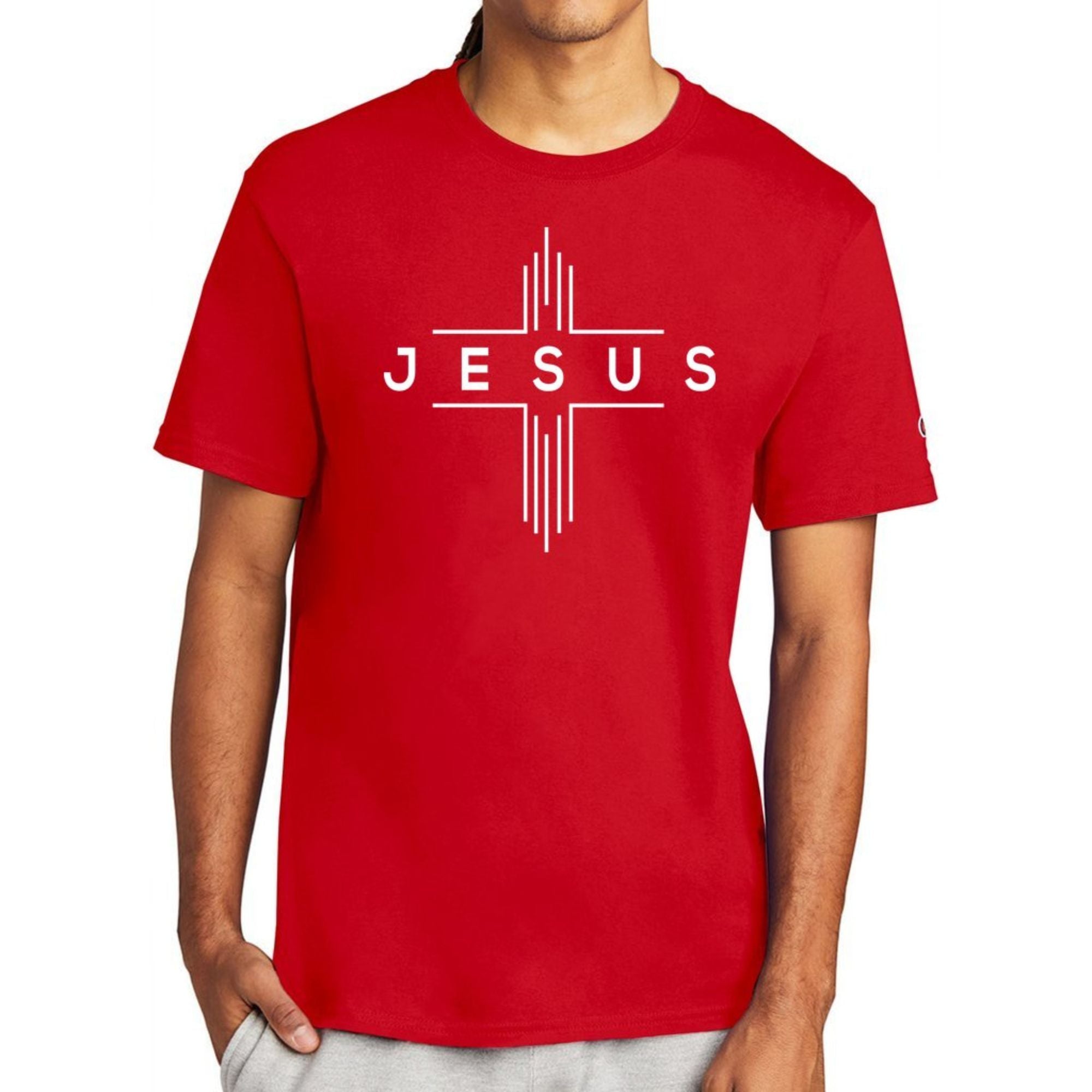 Jesus Cheveron Cross Men's Unisex Champion T-shirt - Black / Red - Matching Joggers Available Size: S Color: Black Jesus Passion Apparel