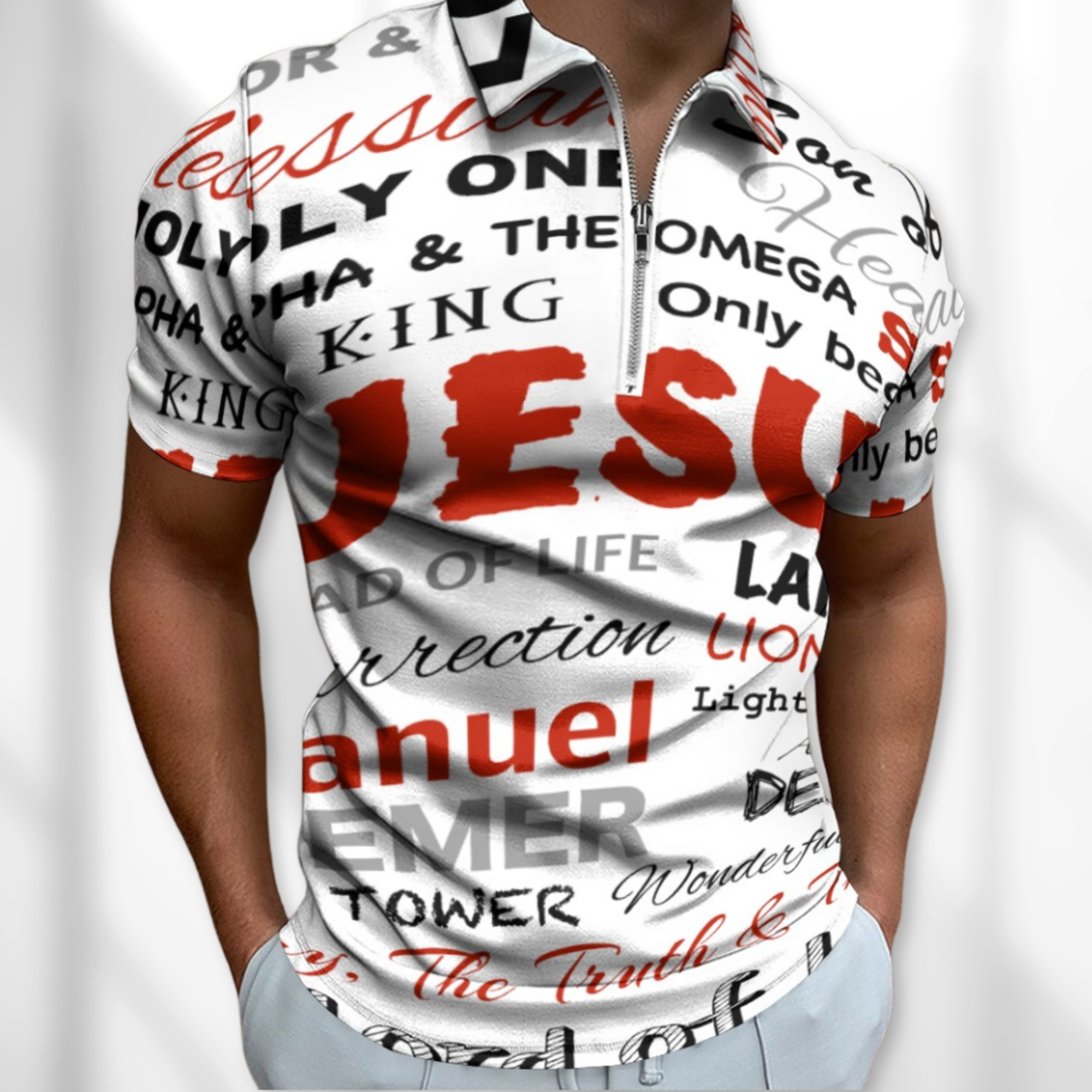 Many Names of Jesus Short Sleeve Polo Shirt Size: 2XS Color: White Jesus Passion Apparel
