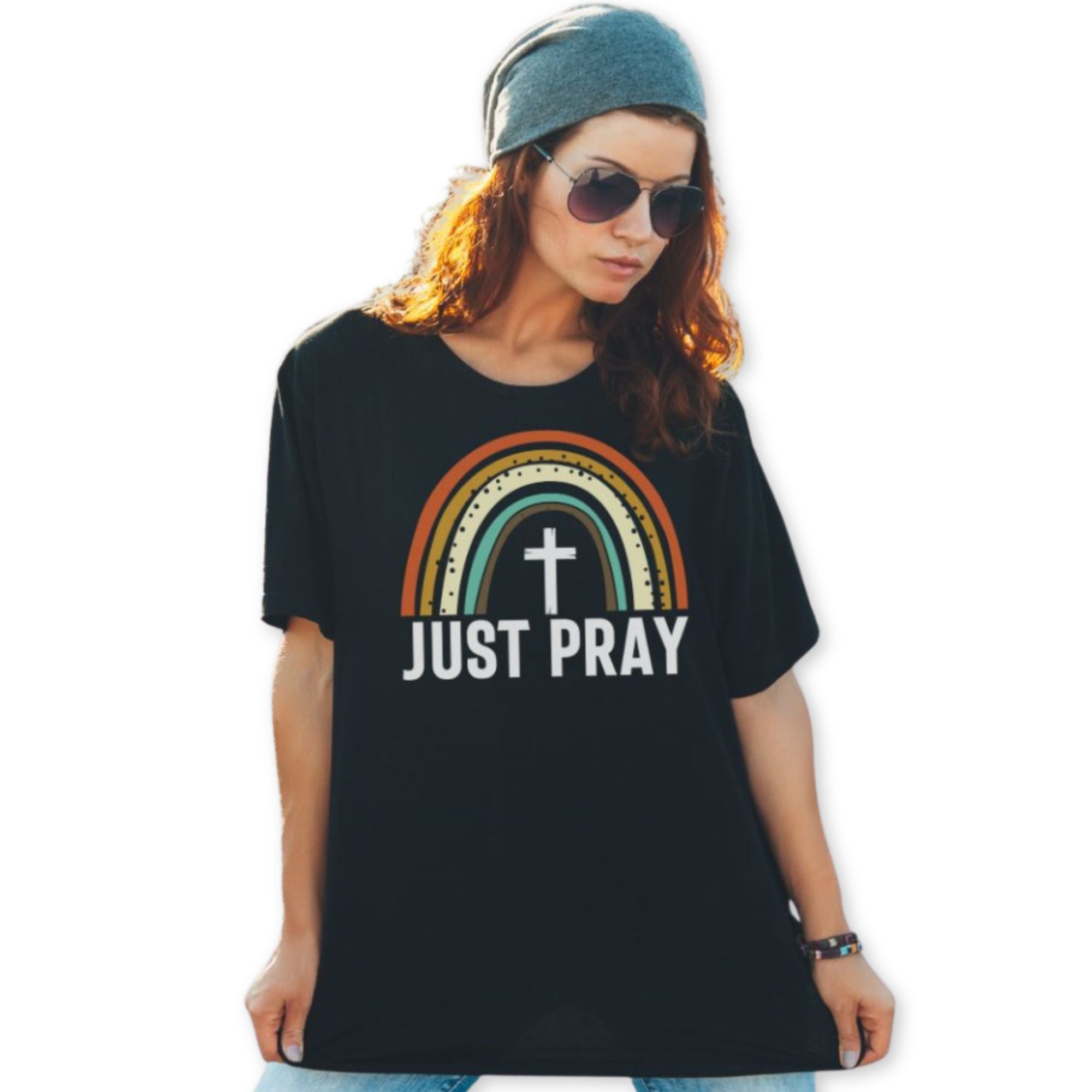 Just Pray Rainbow Jersey Short Sleeve T-Shirt - Matching Tote Available Color: Black Size: S Jesus Passion Apparel