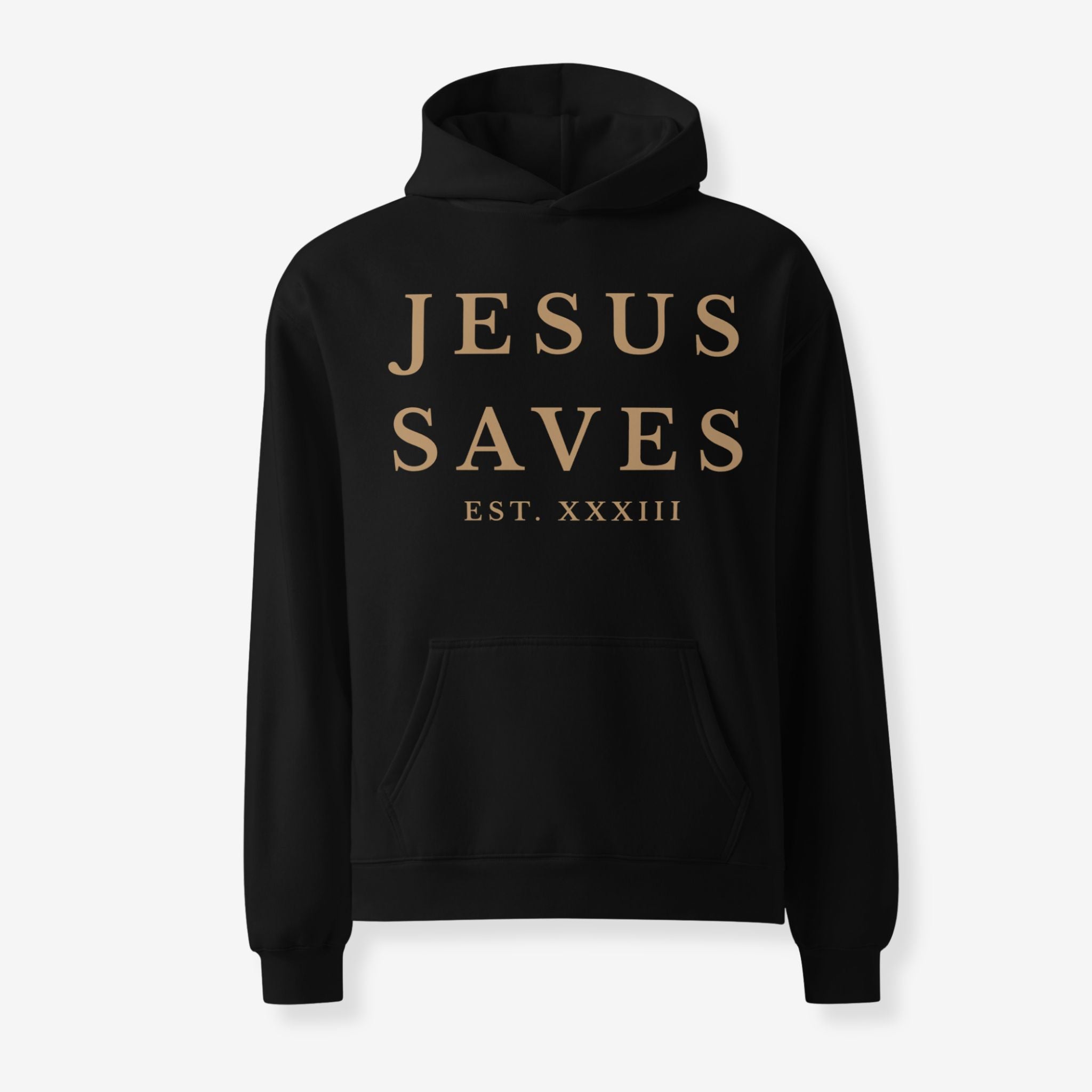 Black hoodie with 'Jesus Saves' text on a white background