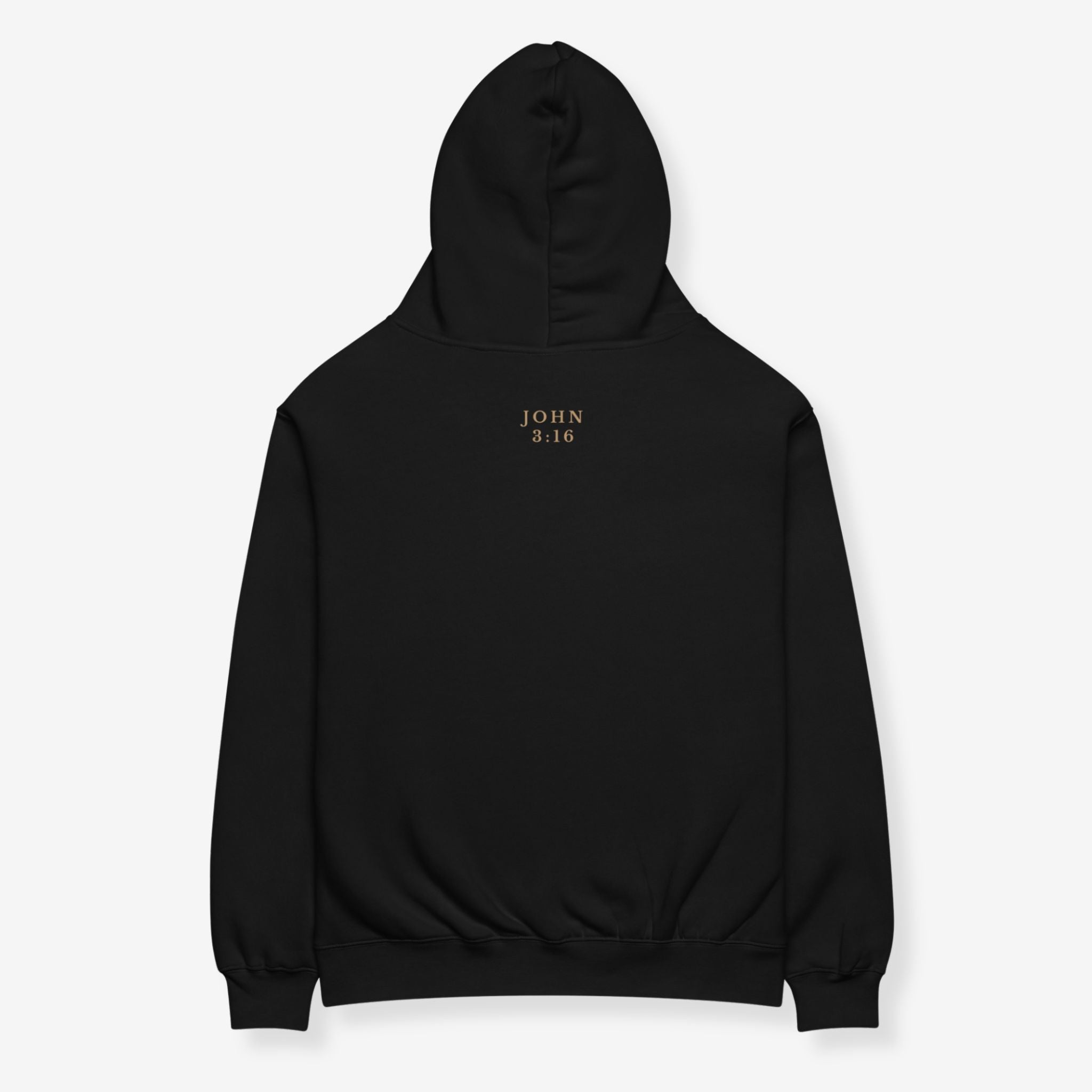 Black hoodie with 'JOHN 3:16' text on a white background