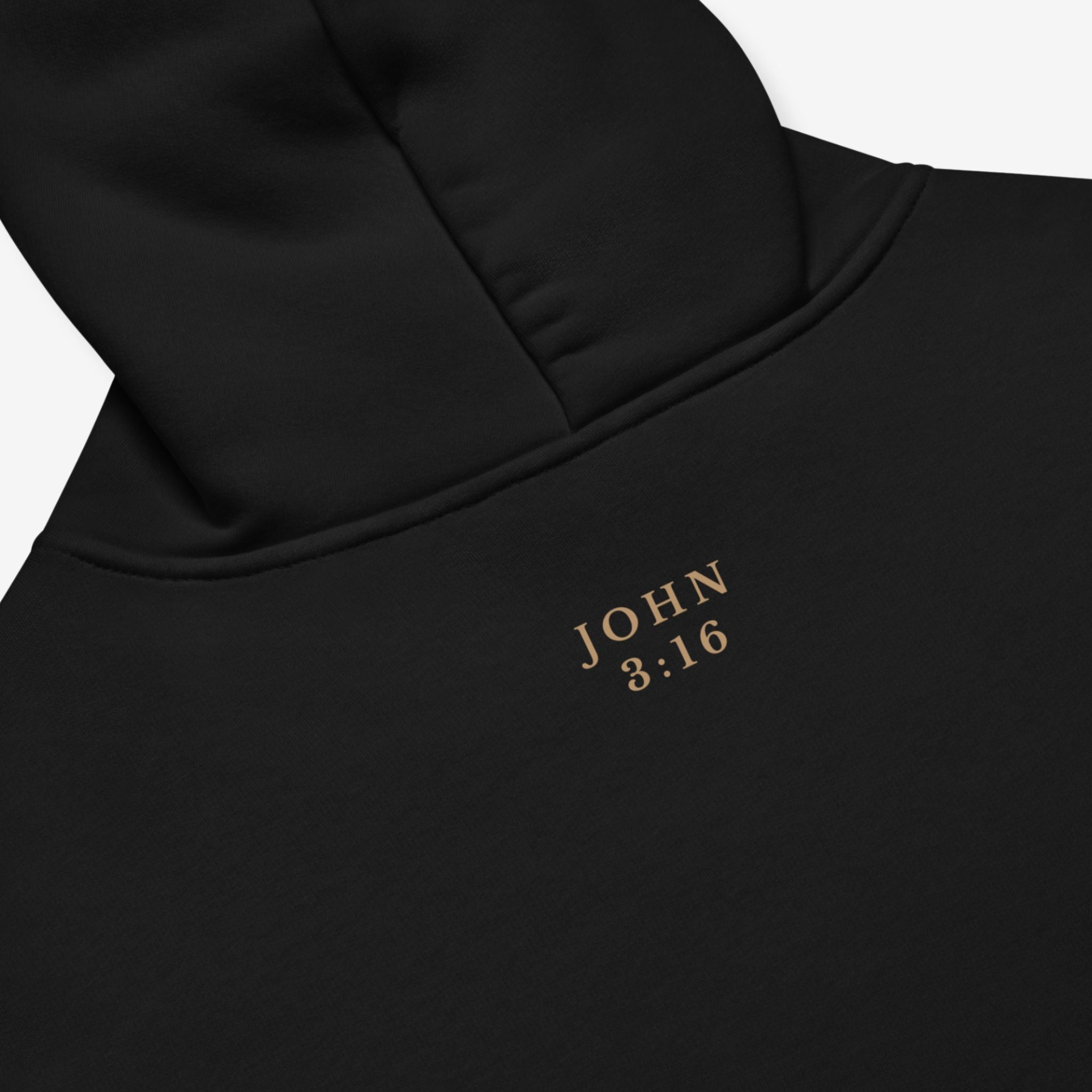 Black hoodie with 'John 3:16' text on a white background
