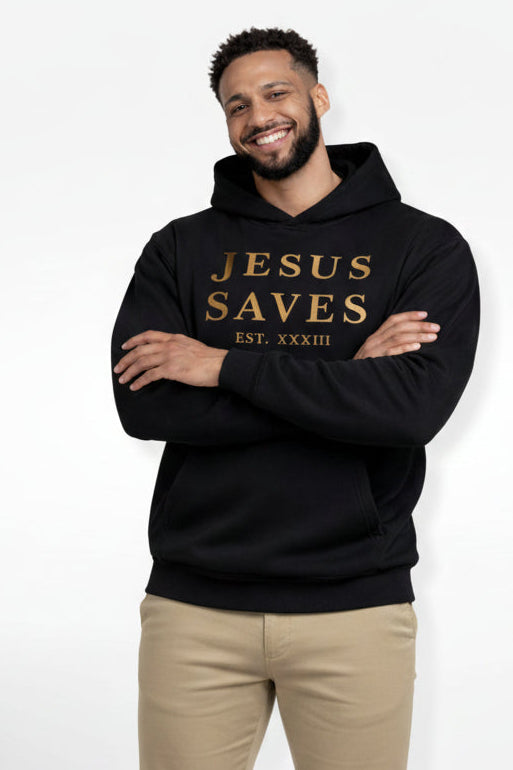 Man wearing a black hoodie with 'Jesus Saves' text on a white background