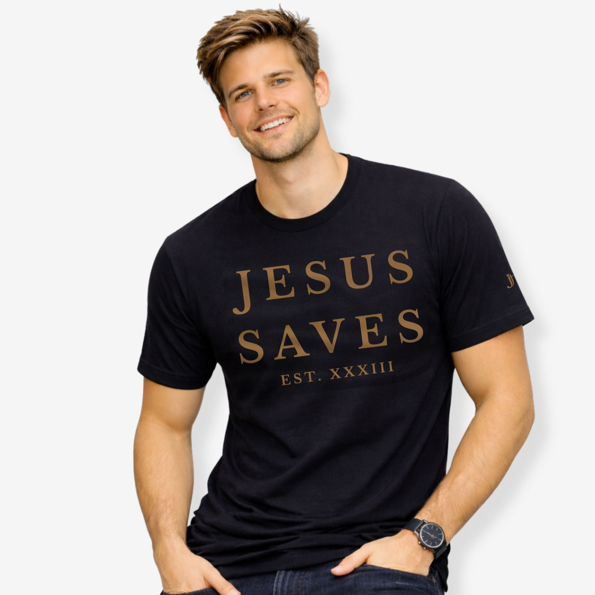 Man wearing a black t-shirt with 'JESUS SAVES' text on a plain background