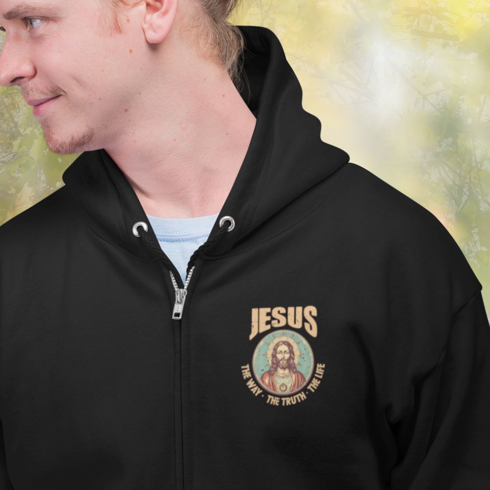 Jesus - The Way, Truth, Life Retro-Inspired Premium Men's Jacket Heavy Blend™ Hooded Size: S Color: Red Jesus Passion Apparel