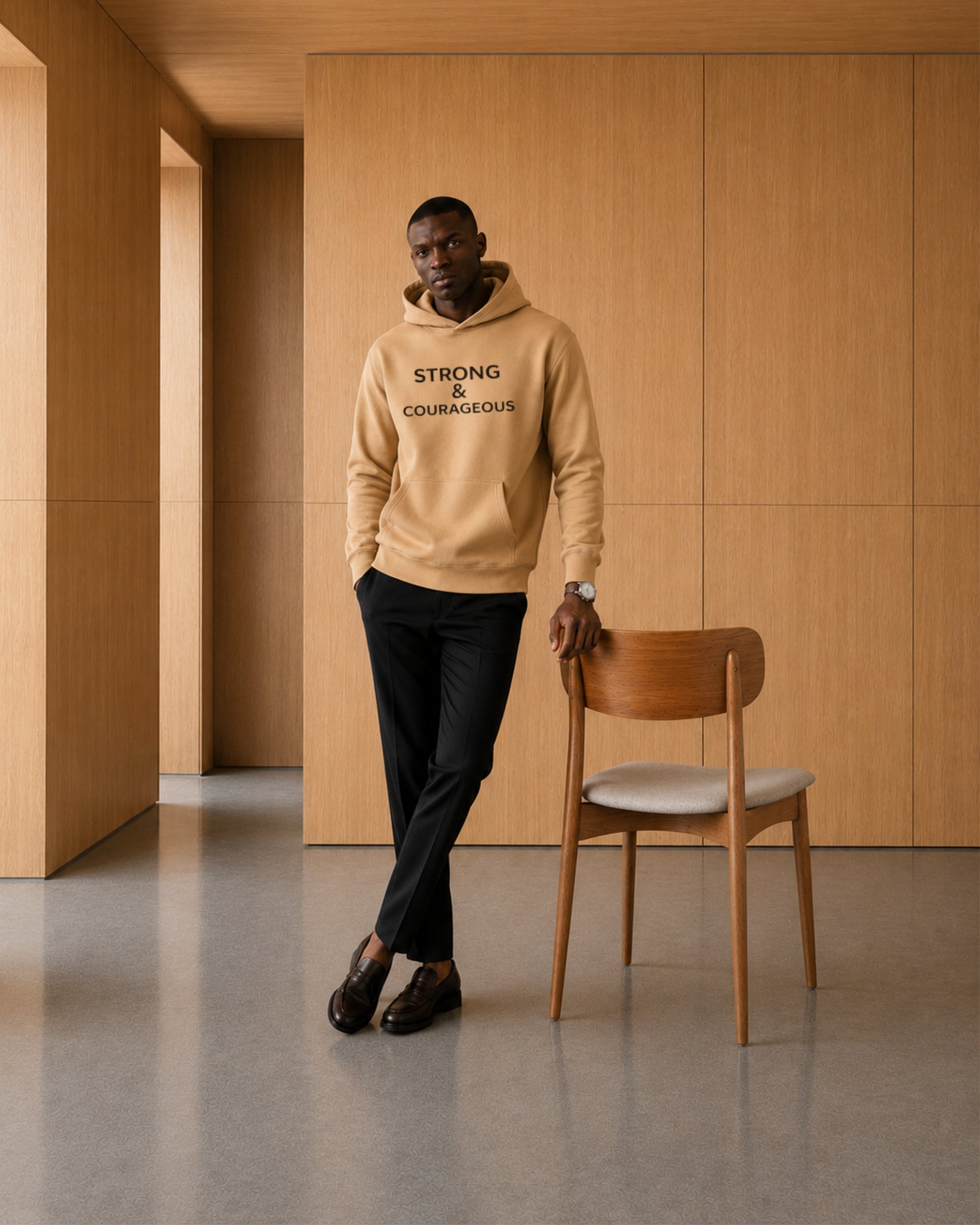 Man wearing a beige hoodie with text, standing next to a wooden chair in a modern interior setting.
