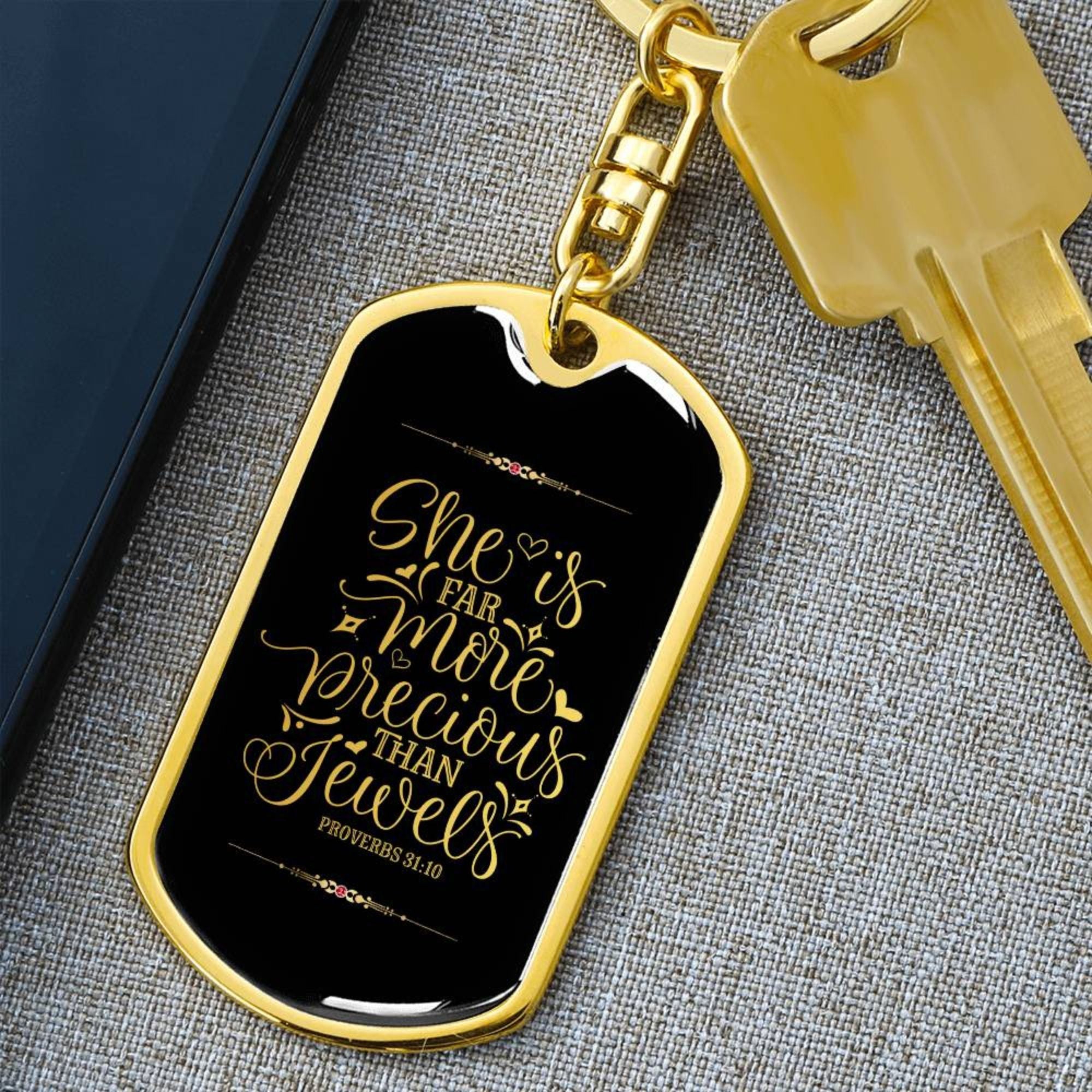 She is Far More Precious - Gold Dog Tag with Swivel Keychain Engraving: No Jesus Passion Apparel