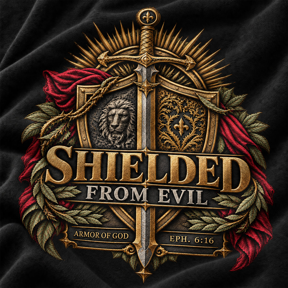 A decorative emblem on a black fabric background featuring a gold sword, shield, lion head, red draped fabric, olive branches, and the text 'SHIELDED FROM EVIL' with 'ARMOR OF GOD' and 'EPH. 6:16'.