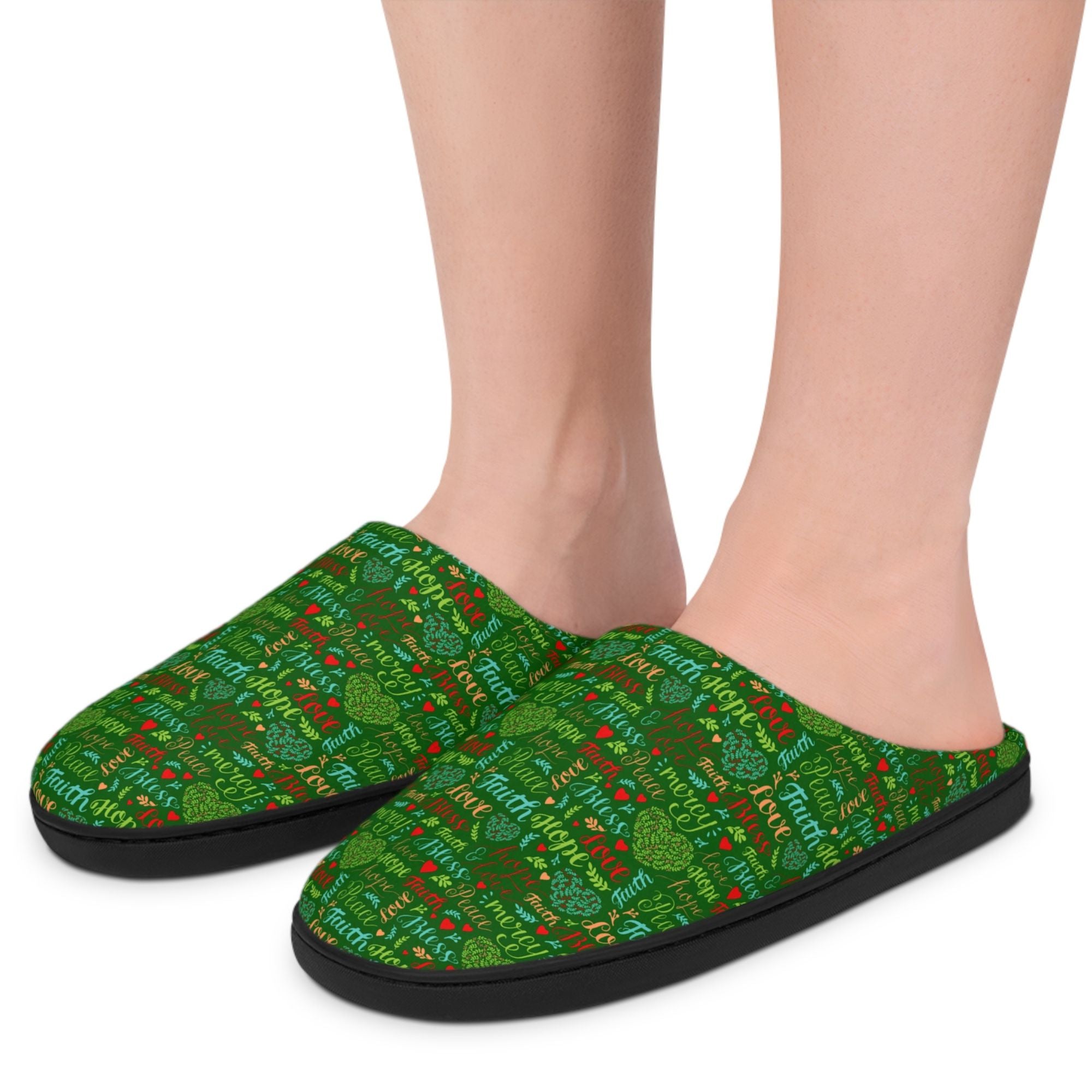 Mercy Peace Hope & Love Women's Green Indoor Slippers - Matching Pajama Set and Lounge / Pajama Pants Available Size: US 7 - 8 Color: Black sole Jesus Passion Apparel