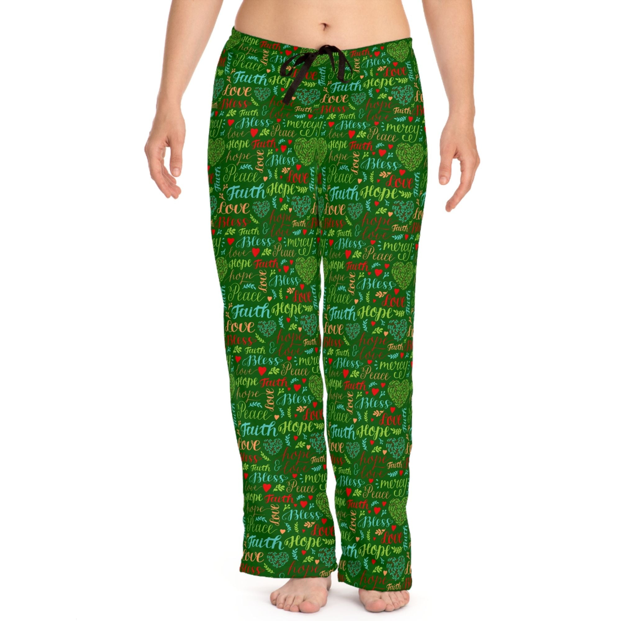 Mercy Peace Hope & Love Women's Green Lounge / Pajama Pants - Matching Pajama Set and Indoor Slippers Available Size: XS Color: White stitching Jesus Passion Apparel