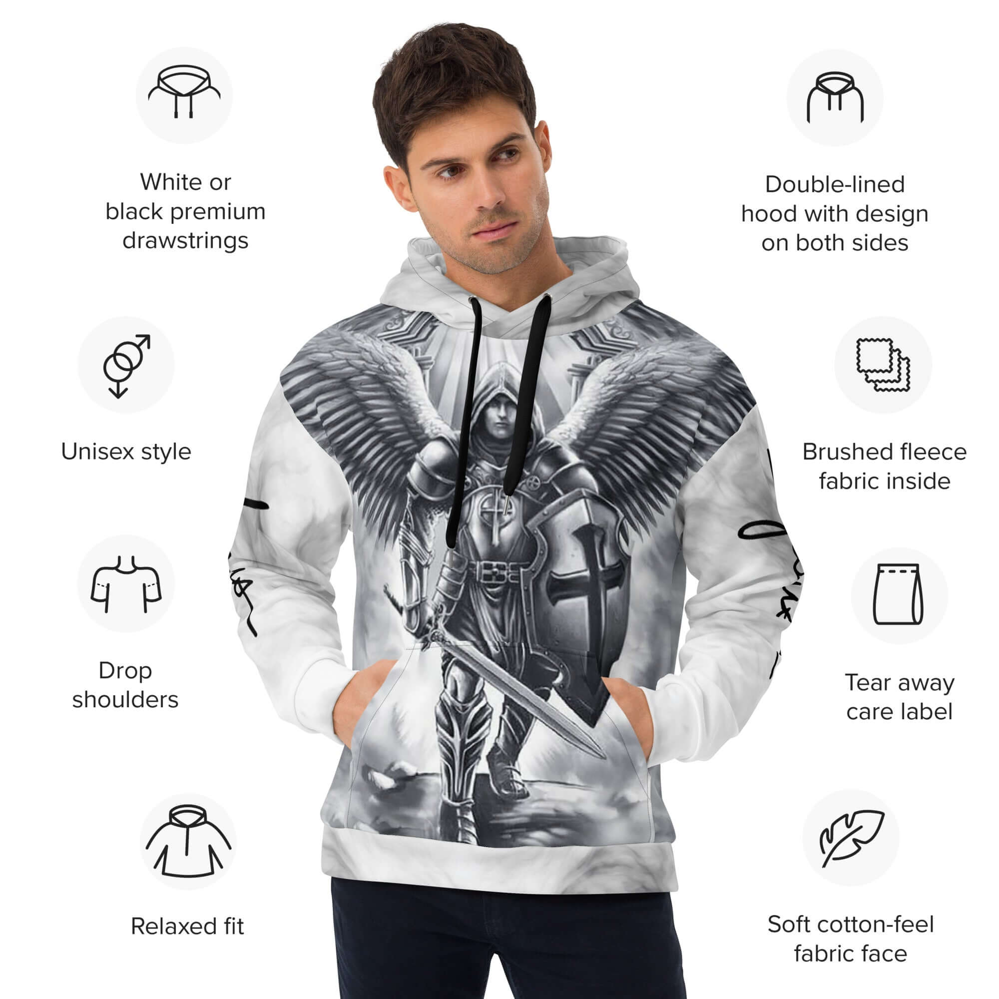 HoodieEmbrace the strength and protection of Archangel Michael with our "Warrior Protector" Unisex Fleece Hoodie. Crafted with comfort and style in mind, this hoodie features a powerful design symbolizing the courageous spirit of the archangel. Made from