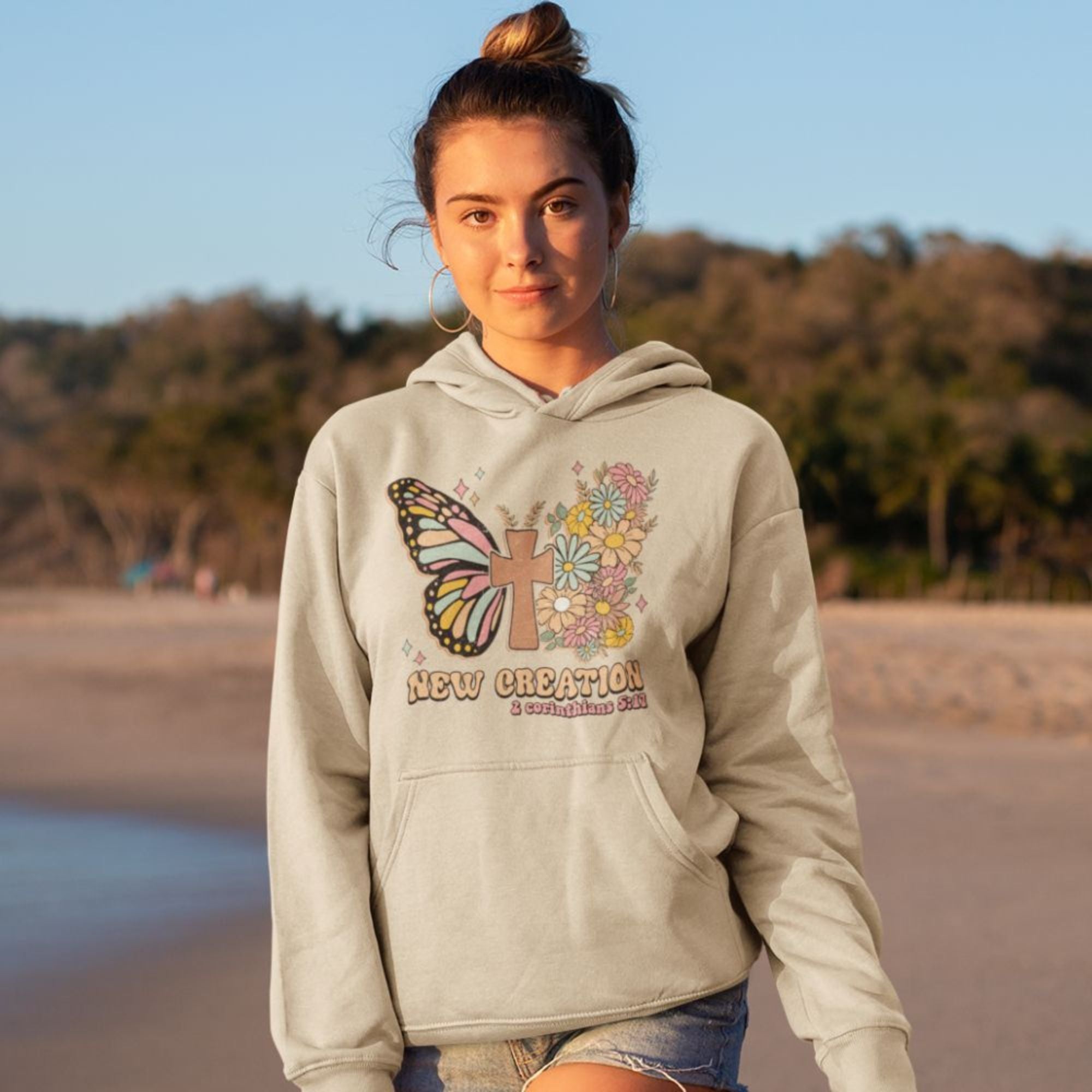 New Creation Butterfly Retro-Inspired Unisex-Fit Hoodie Color: White Size: S Jesus Passion Apparel