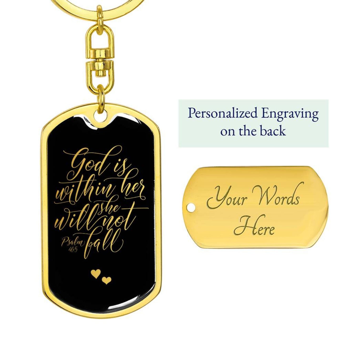 God is Within Her - Gold Dog Tag with Swivel Keychain Engraving: Yes Jesus Passion Apparel