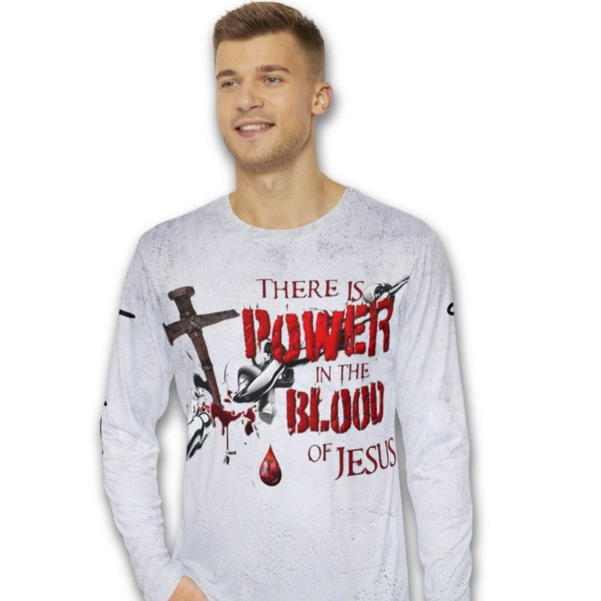 Power in the Blood of Jesus Men's Long Sleeve Shirt Size: XS Jesus Passion Apparel