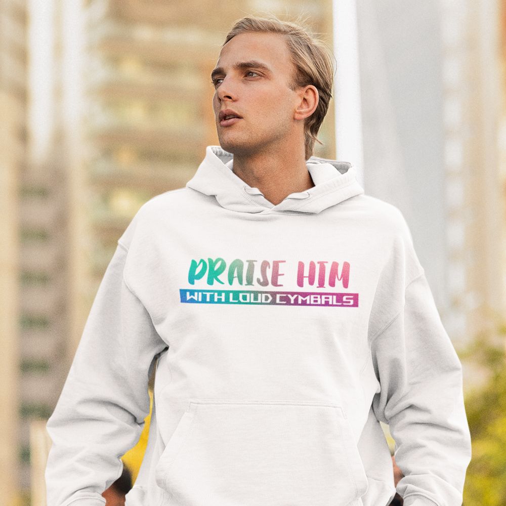 Praise Him with Loud Cymbals Men's Heavy Blend™ Hoodie Color: White Size: S Jesus Passion Apparel