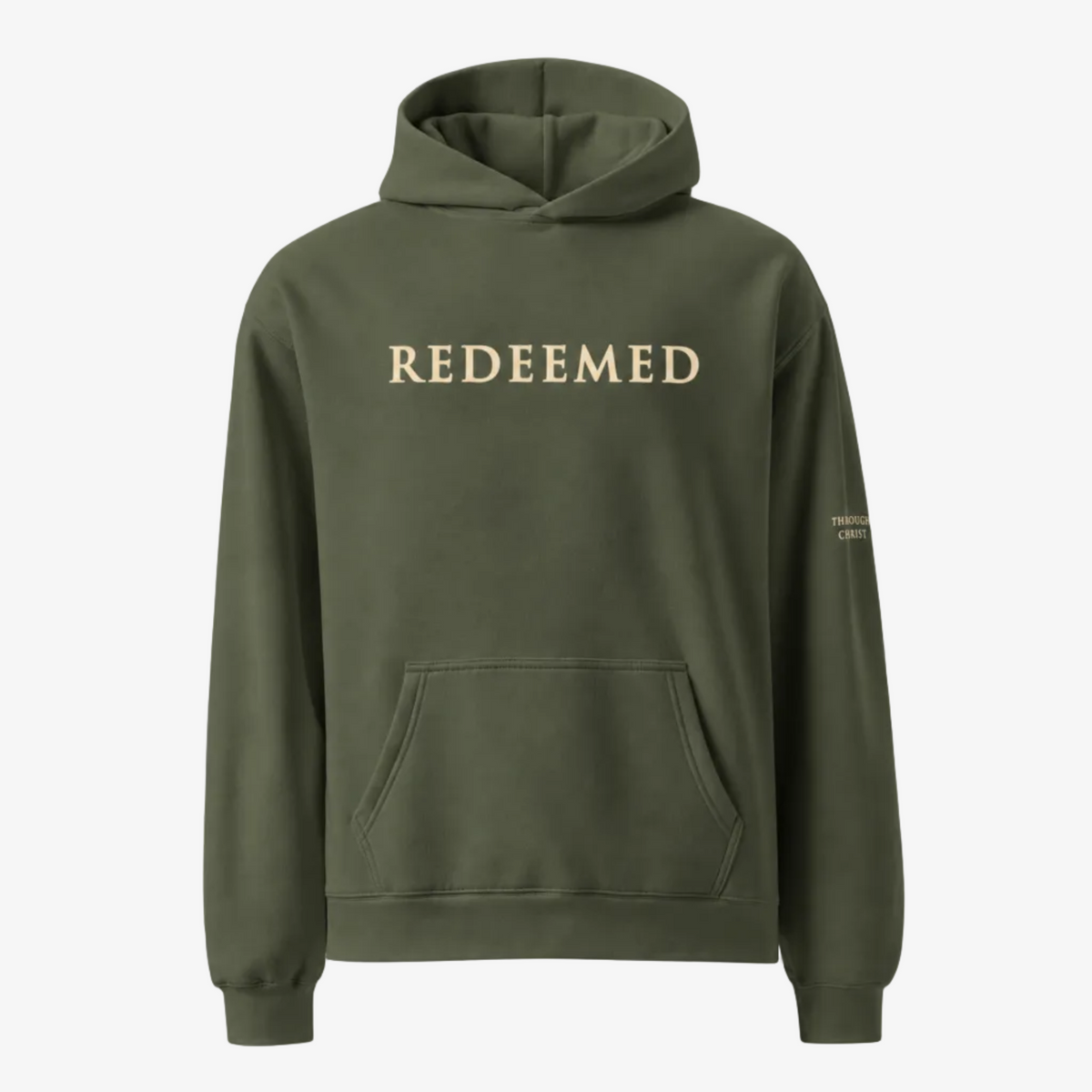 An olive green pullover hoodie with 'REDEEMED' printed in gold serif letters across the chest and a small gold logo on the right sleeve, shown against a light gray background.