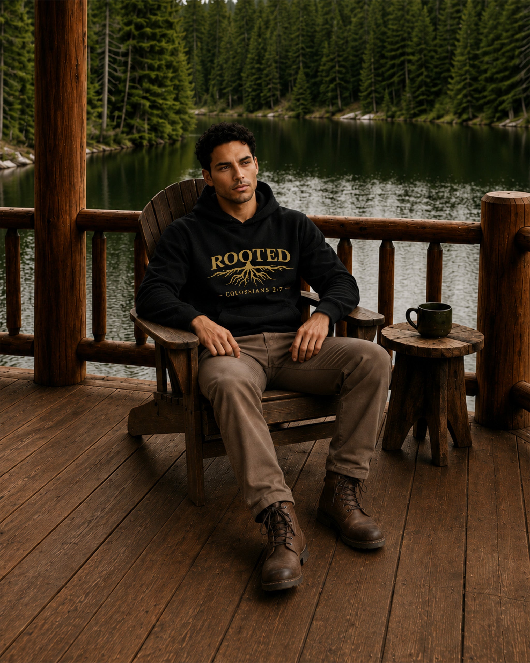 A man sits in a wooden chair on a rustic porch by a lake, wearing a black hoodie with a gold 'ROOTED' graphic and brown pants. A small side table next to him holds a mug, with a forest and water in the background.