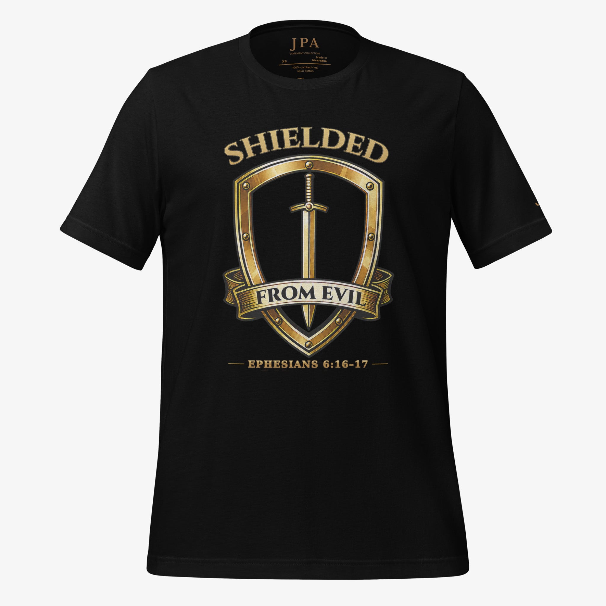 Black t-shirt with a logo on a white background