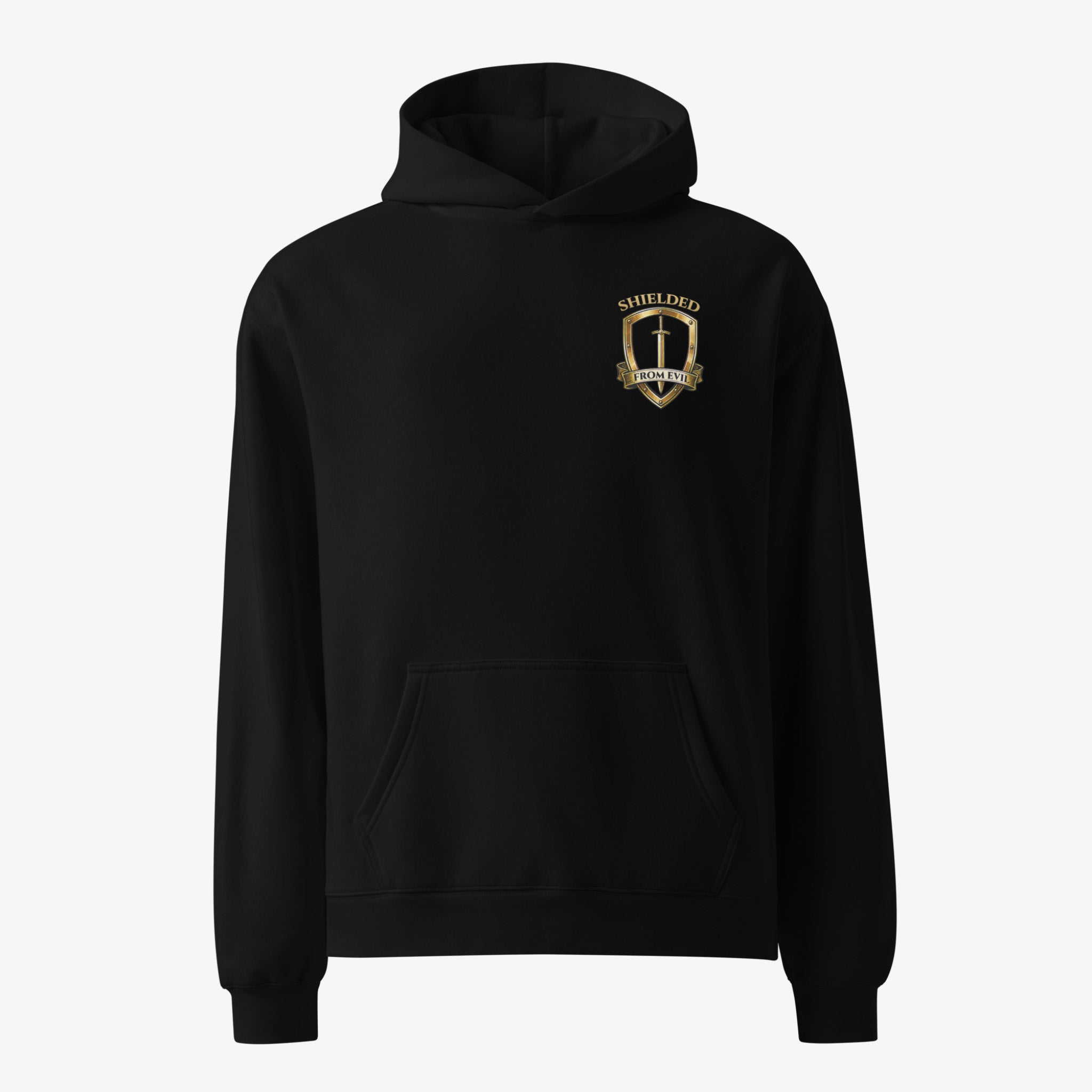 Black hoodie with a logo on the chest against a white background
