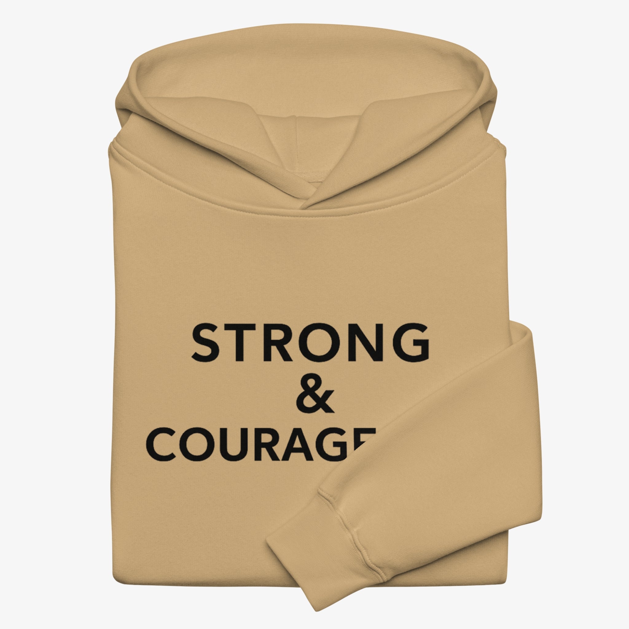 Beige hoodie with 'STRONG & COURAGE' text on a white background