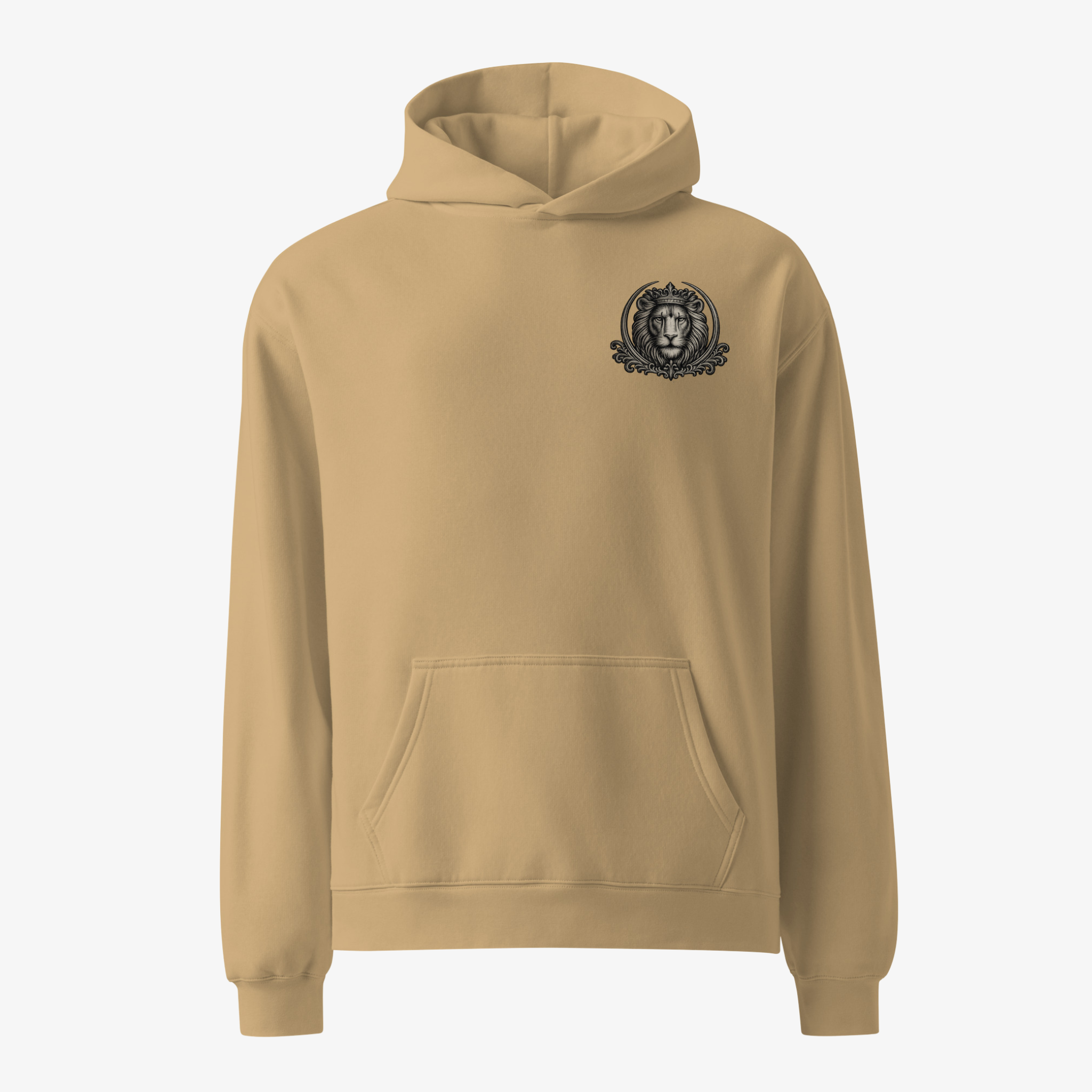 A tan pullover hoodie with a small black circular lion emblem printed on the left chest, displayed on a clean white background.