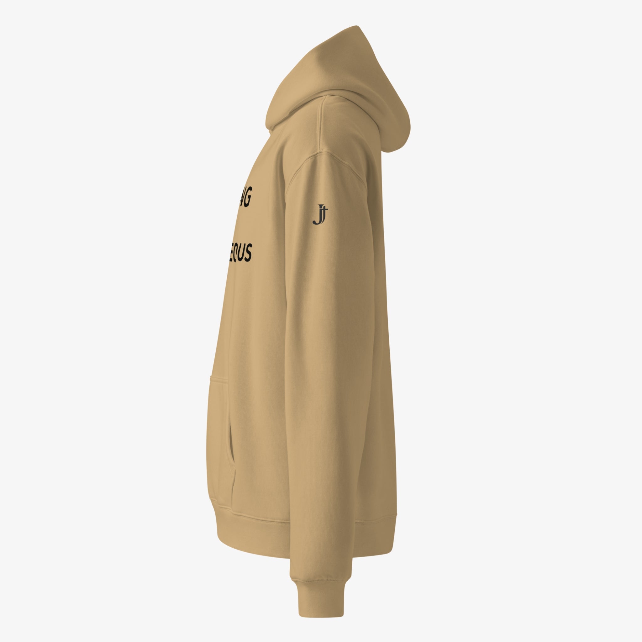Beige hoodie with a logo on the sleeve against a white background