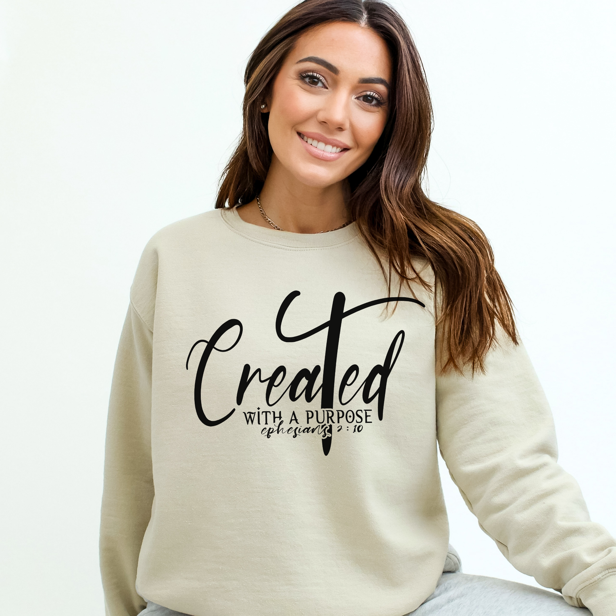 Created with a Purpose Women's Fleece Unisex-Fit Sweatshirt White / Sport Grey / Sand Size: S Color: Sand Jesus Passion Apparel