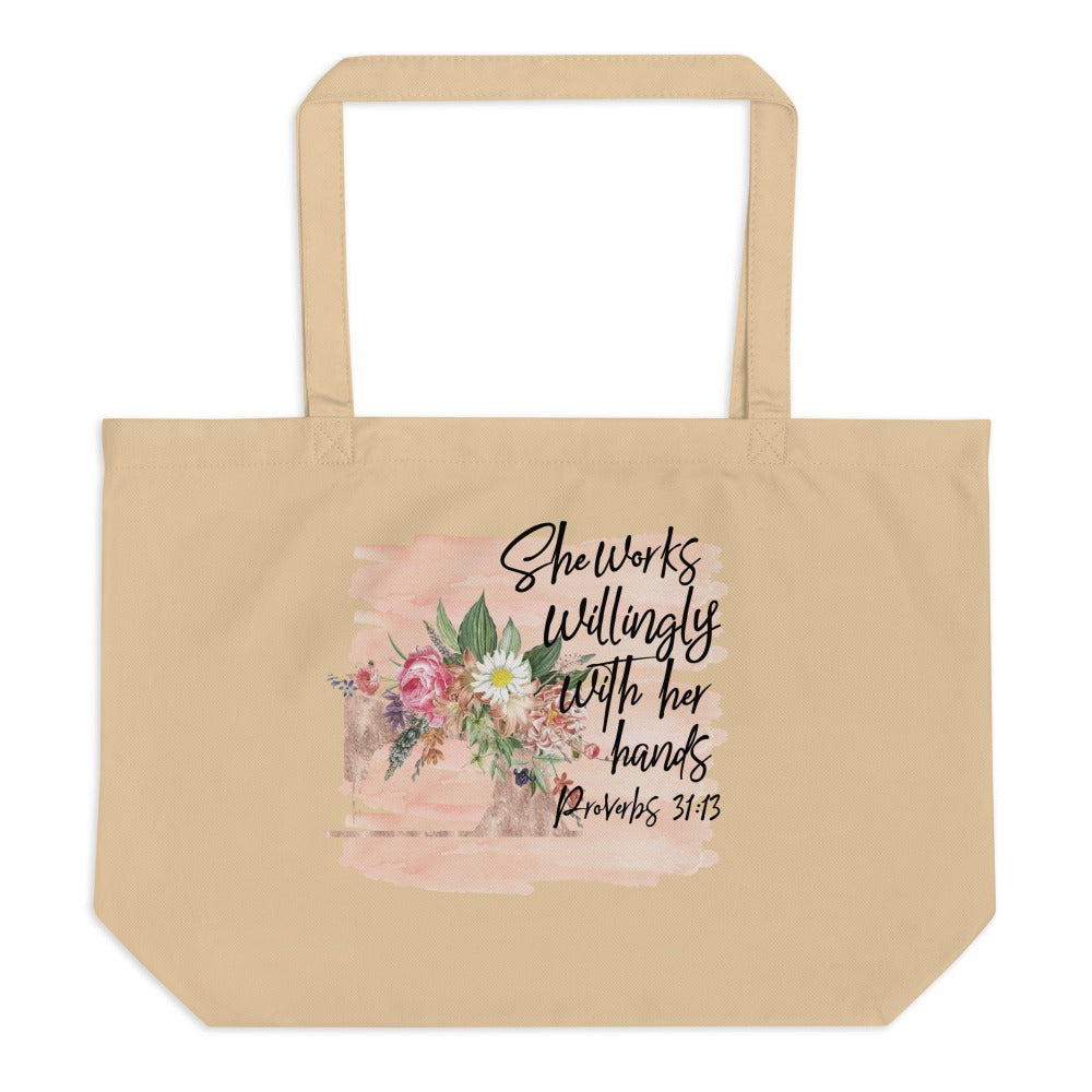 Seamstress - She Works Willingly Relaxed T-Shirt - Matching Tote Available Size: 20" W X 15" H Jesus Passion Apparel