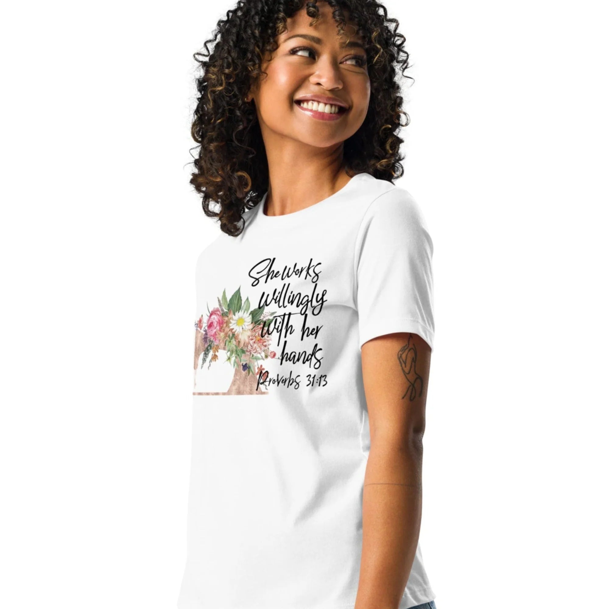 Seamstress - She Works Willingly T-Shirt Jesus Passion Apparel