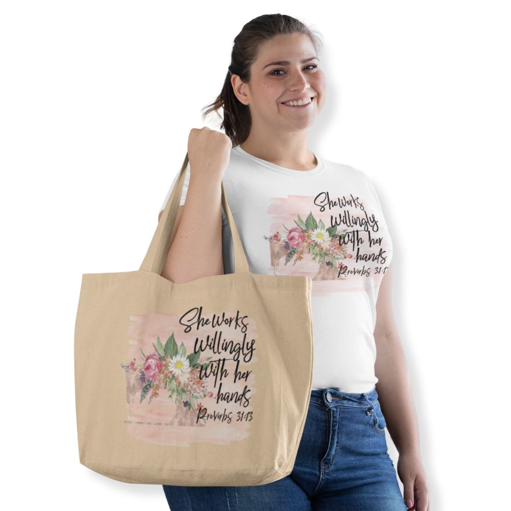 Seamstress - She Works Willingly Relaxed T-Shirt - Matching Tote Available Size: S Jesus Passion Apparel