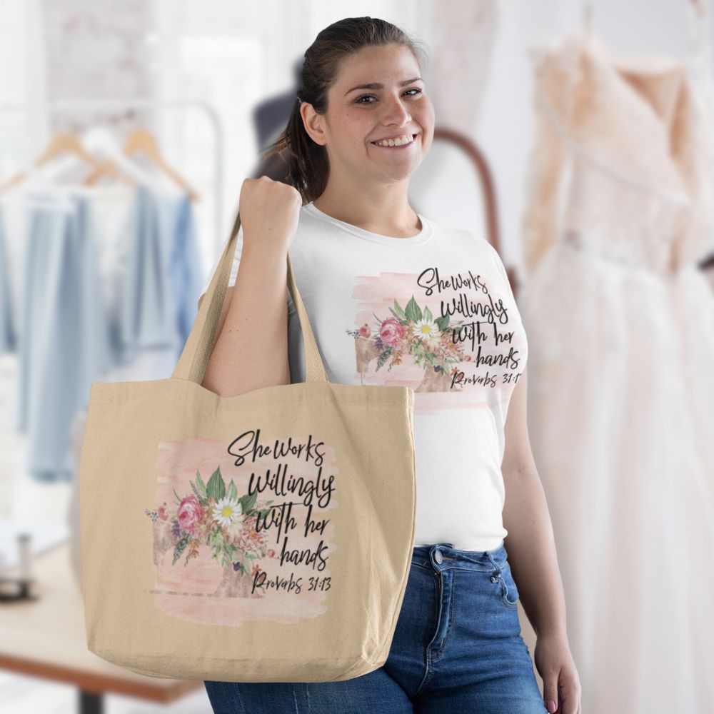 Seamstress - She Works Willingly Relaxed T-Shirt - Matching Tote Available Size: S Jesus Passion Apparel