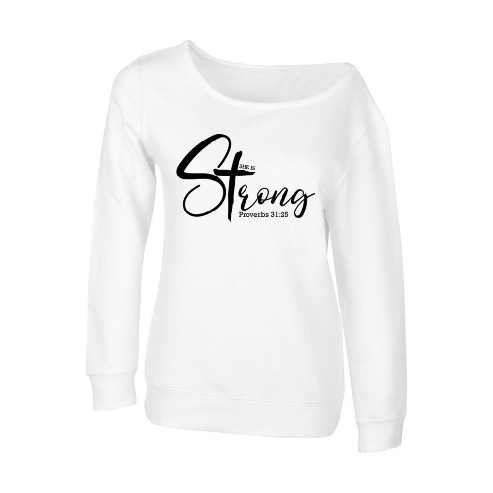 She is Strong Women's Off The Shoulder Tops Sweatshirt Size: S Color: White Jesus Passion Apparel