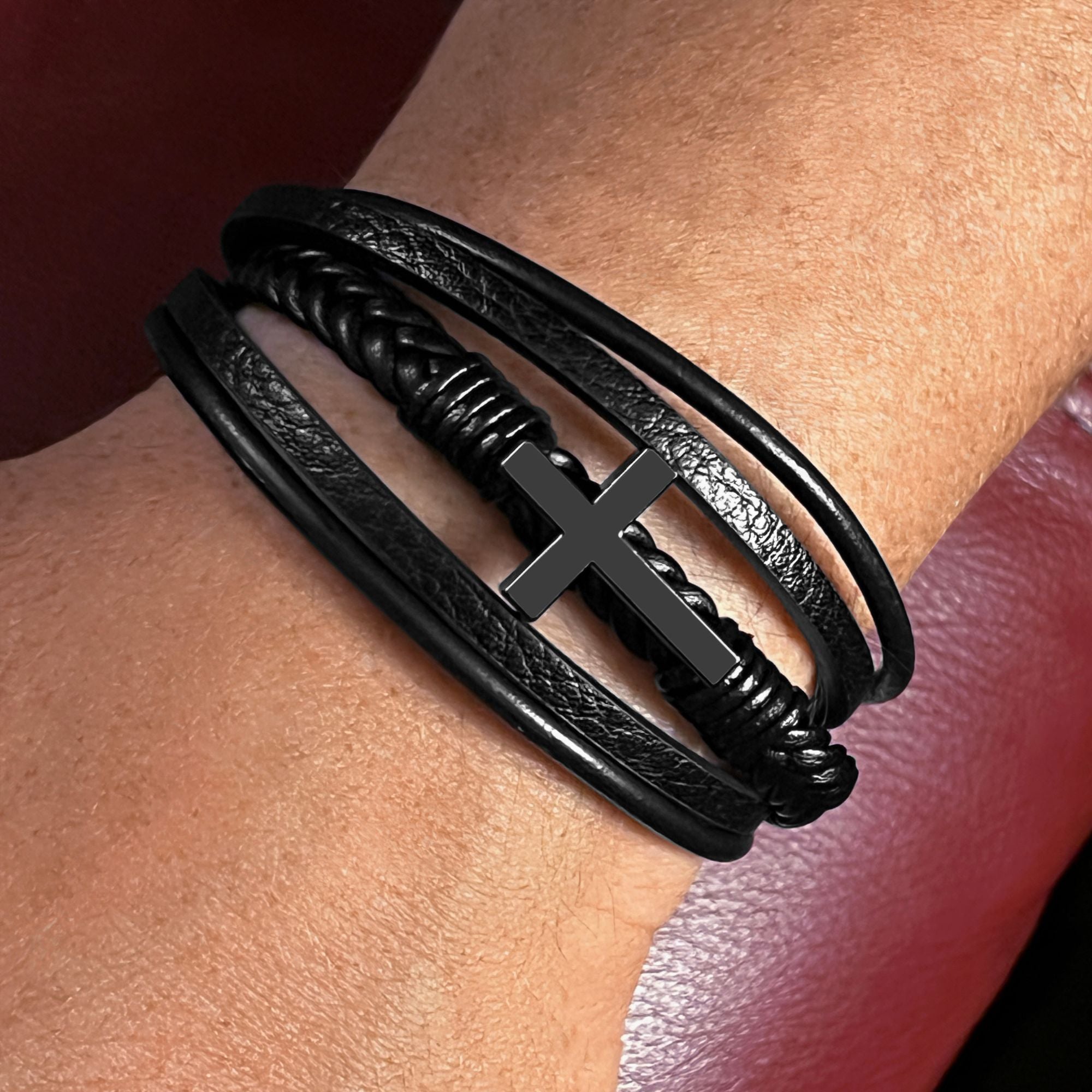 May Your Troubles Be Less - Saint Patrick's Day Gift - Men's Cross and Black Braided Rope Bracelet Jesus Passion Apparel