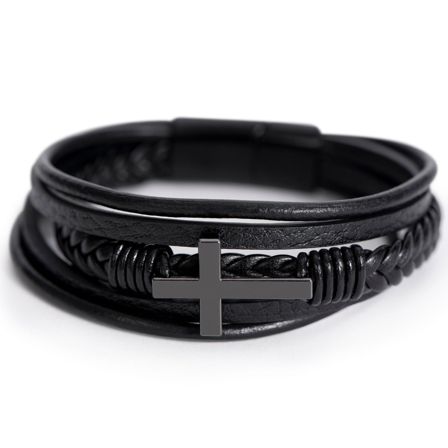 Faith Does Not Make Things Easy - Men's Cross and Black Braided Rope Bracelet Jesus Passion Apparel