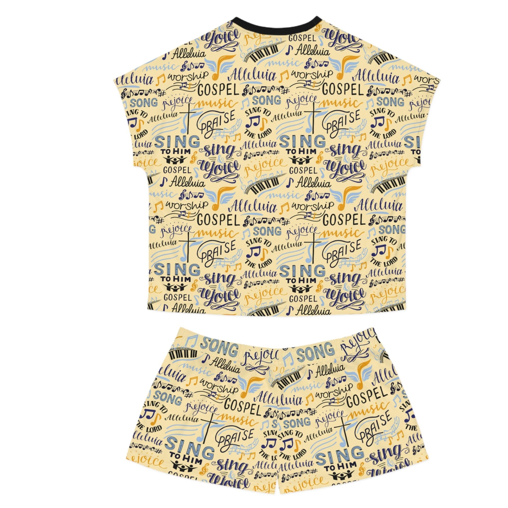 Sing To Him Alleluia Women's Yellow Short Pajama Set - Matching Lounge / Pajama Pants and Indoor Slippers Available Size: S Color: Black Jesus Passion Apparel
