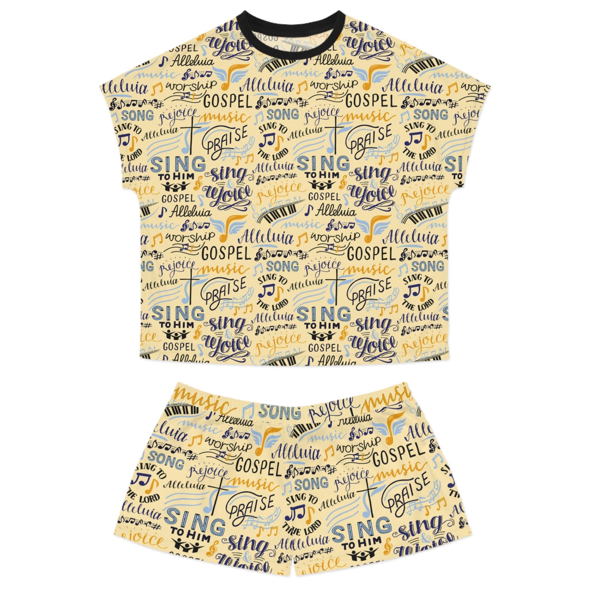 Sing To Him Alleluia Women's Yellow Short Pajama Set - Matching Lounge / Pajama Pants and Indoor Slippers Available Size: S Color: Black Jesus Passion Apparel
